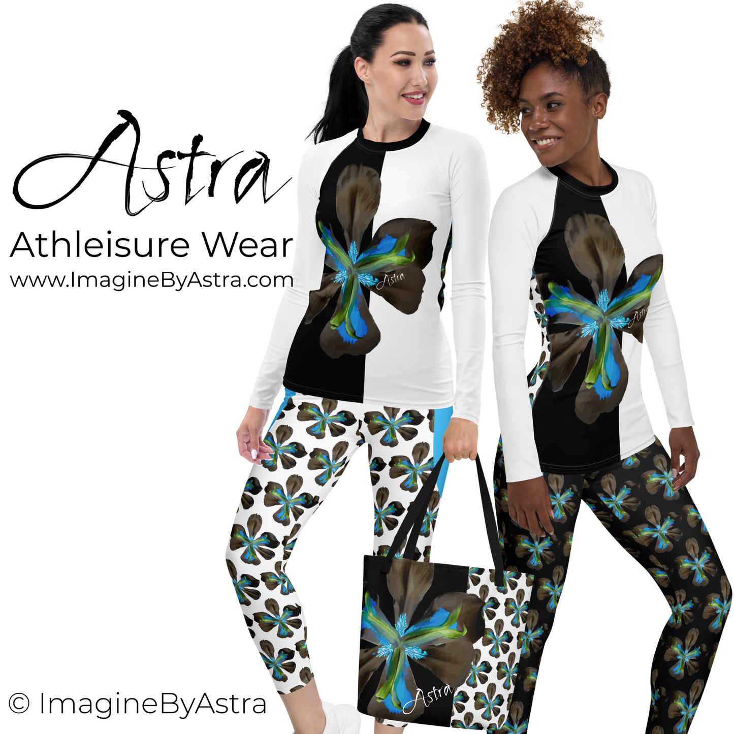 Tropical Iris Eco-Friendly Leggings with Pockets - Black with Blue Waist