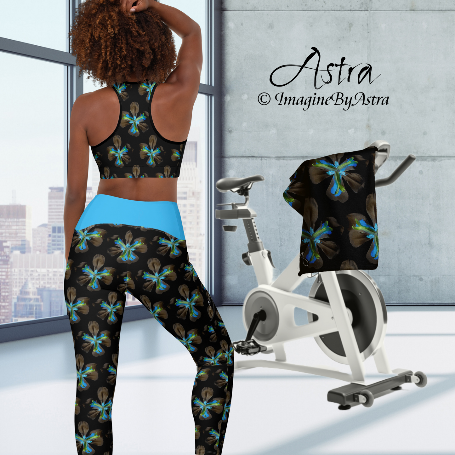 Tropical Iris Eco-Friendly Leggings with Pockets - Black with Blue Waist