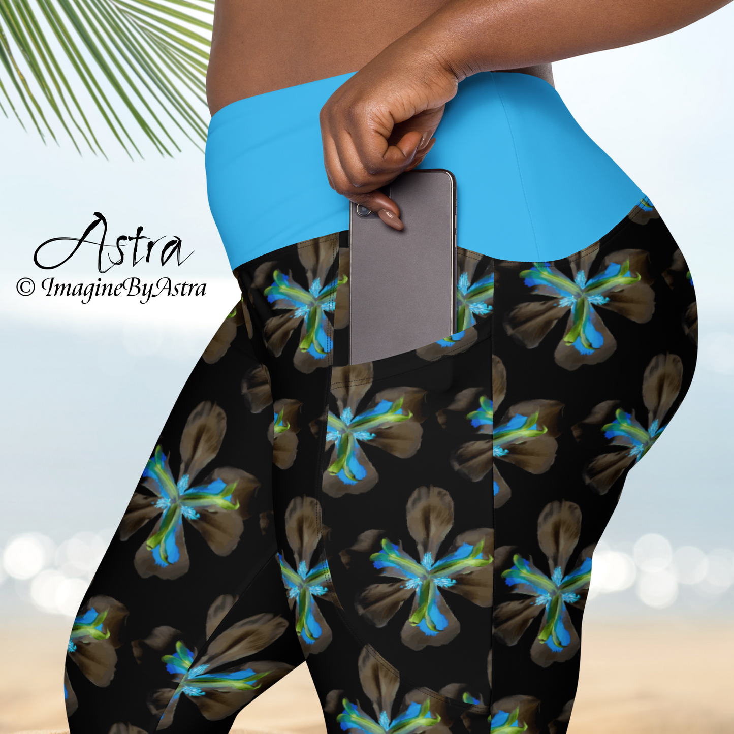 Tropical Iris Eco-Friendly Leggings with Pockets - Black with Blue Waist