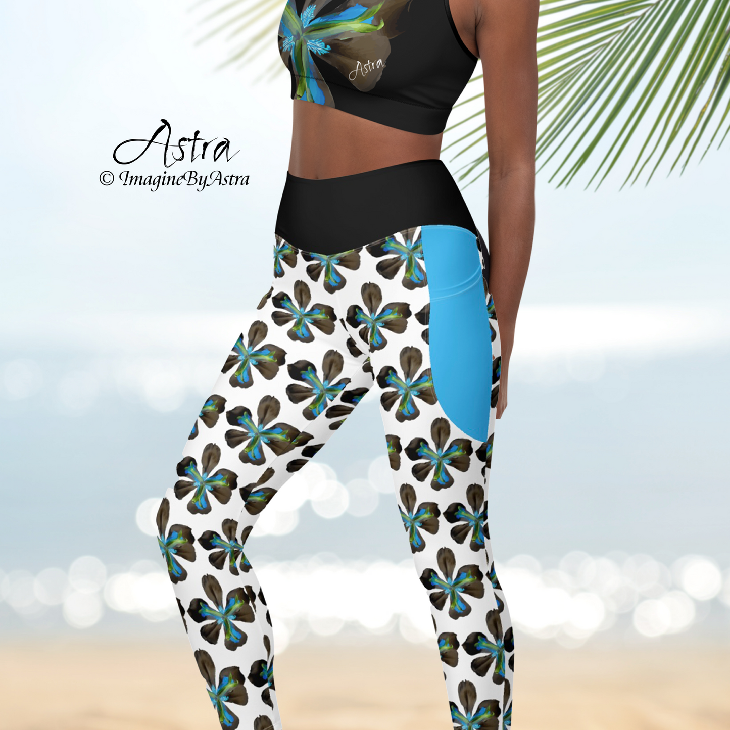 Tropical Iris Eco-Friendly Leggings with Pockets - White