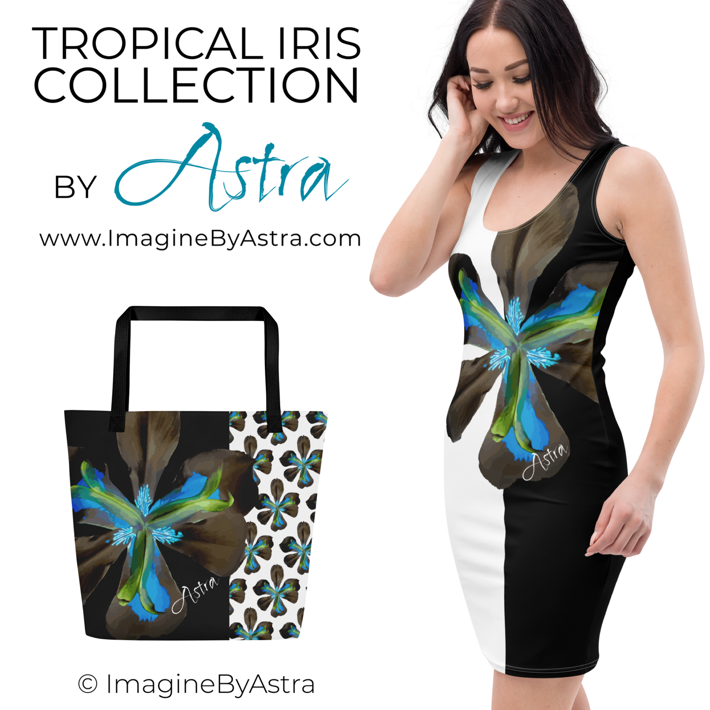 Tropical Iris Black and White Cocktail Dress