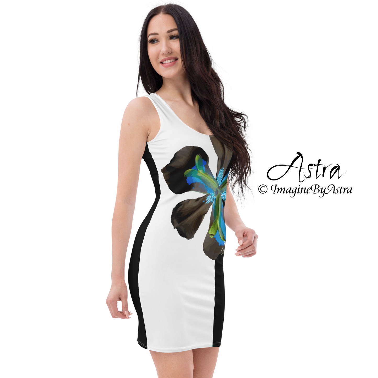 Tropical Iris Black and White Cocktail Dress