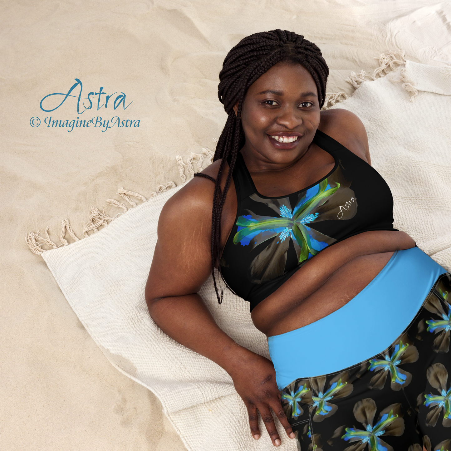 Tropical Iris Eco-Friendly Leggings with Pockets - Black with Blue Waist