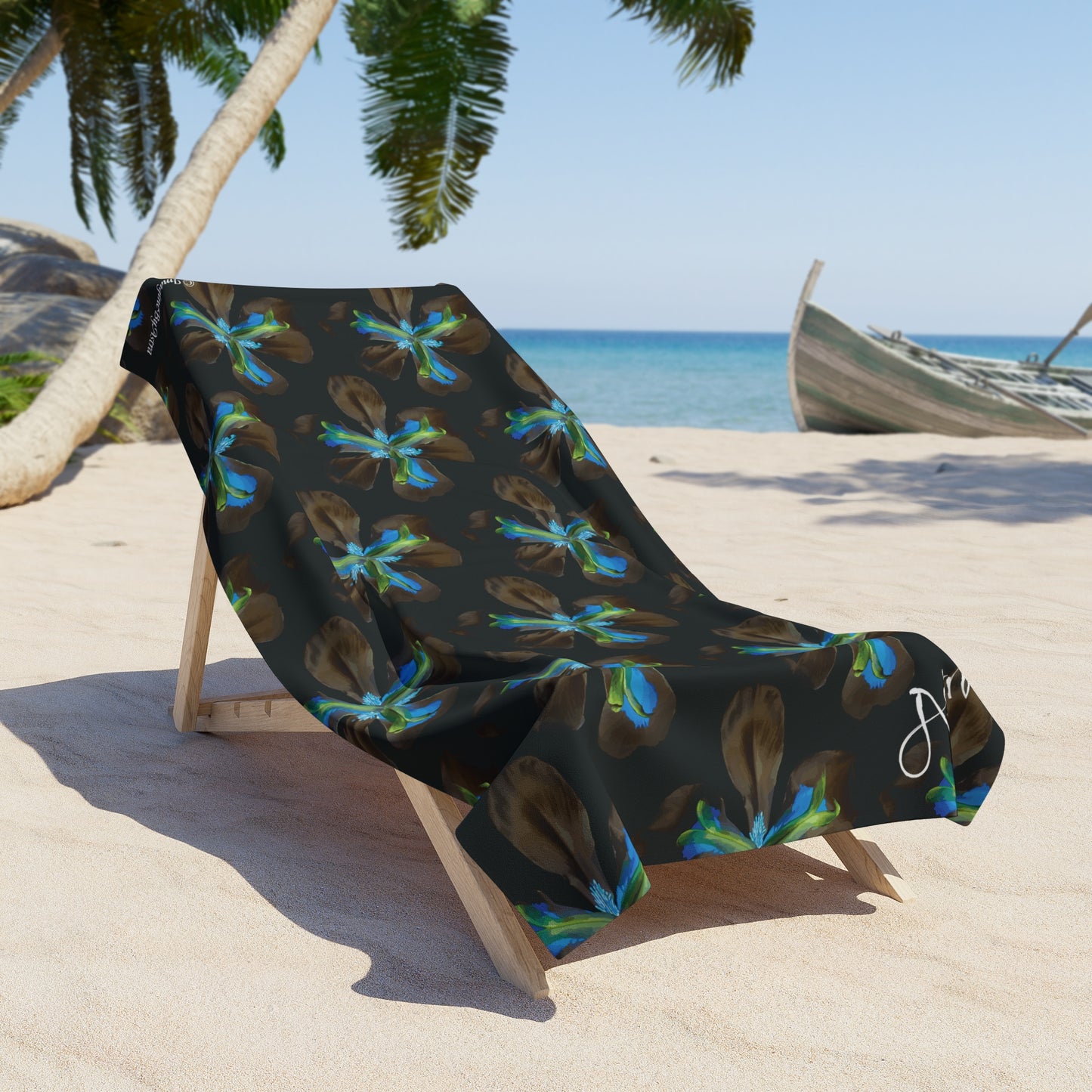 Tropical Iris Plush Beach Towel | Black