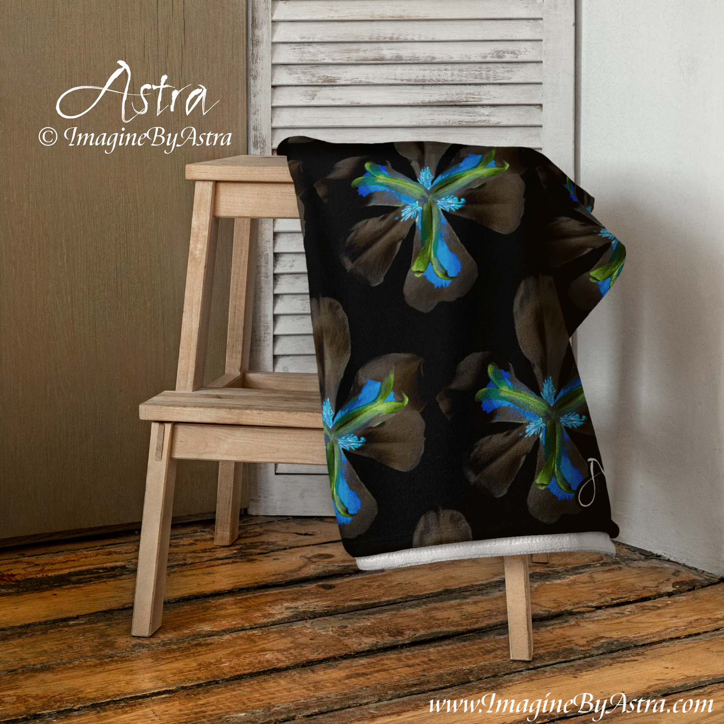 Tropical Iris Plush Beach Towel | Black