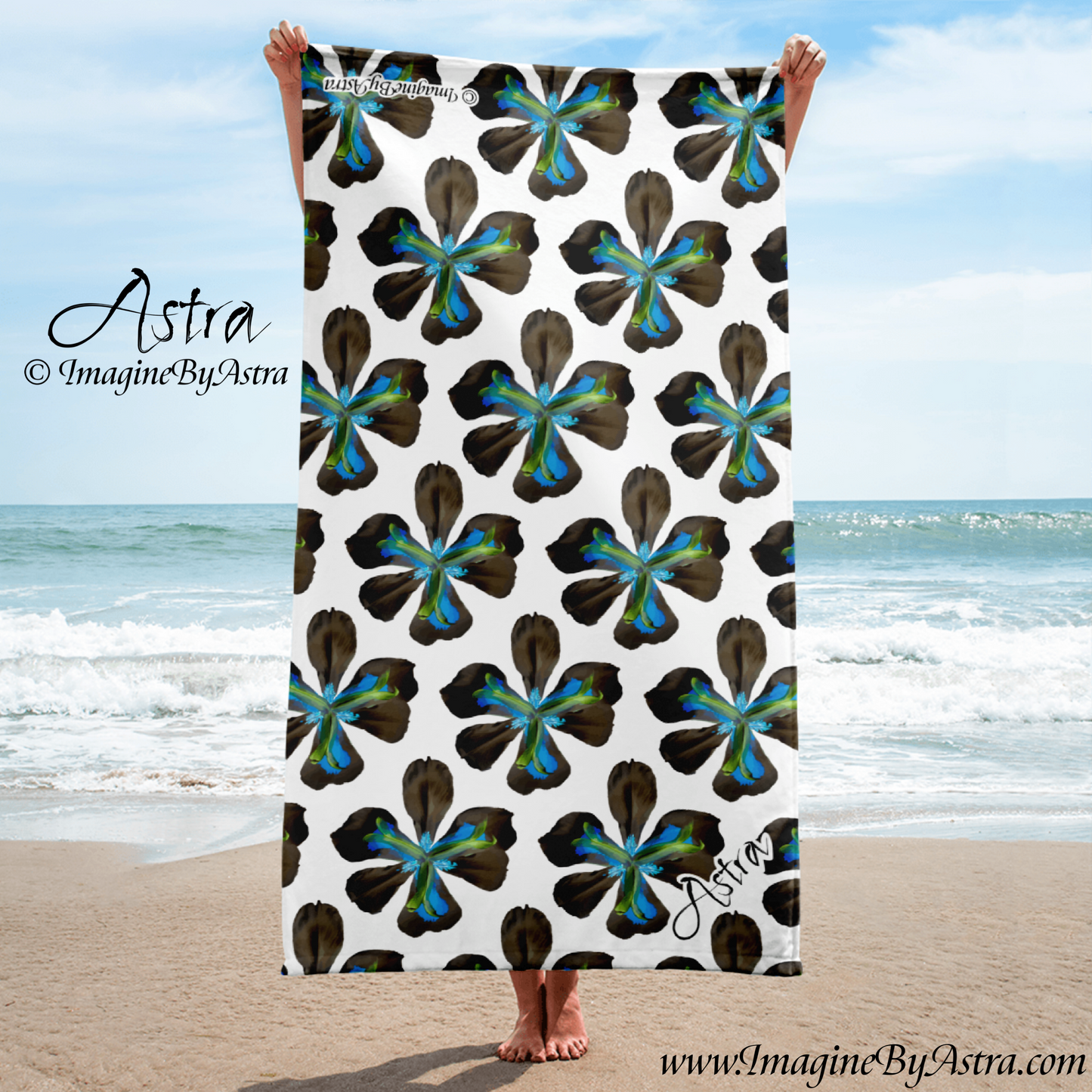 Tropical Iris Plush Beach Towel | White