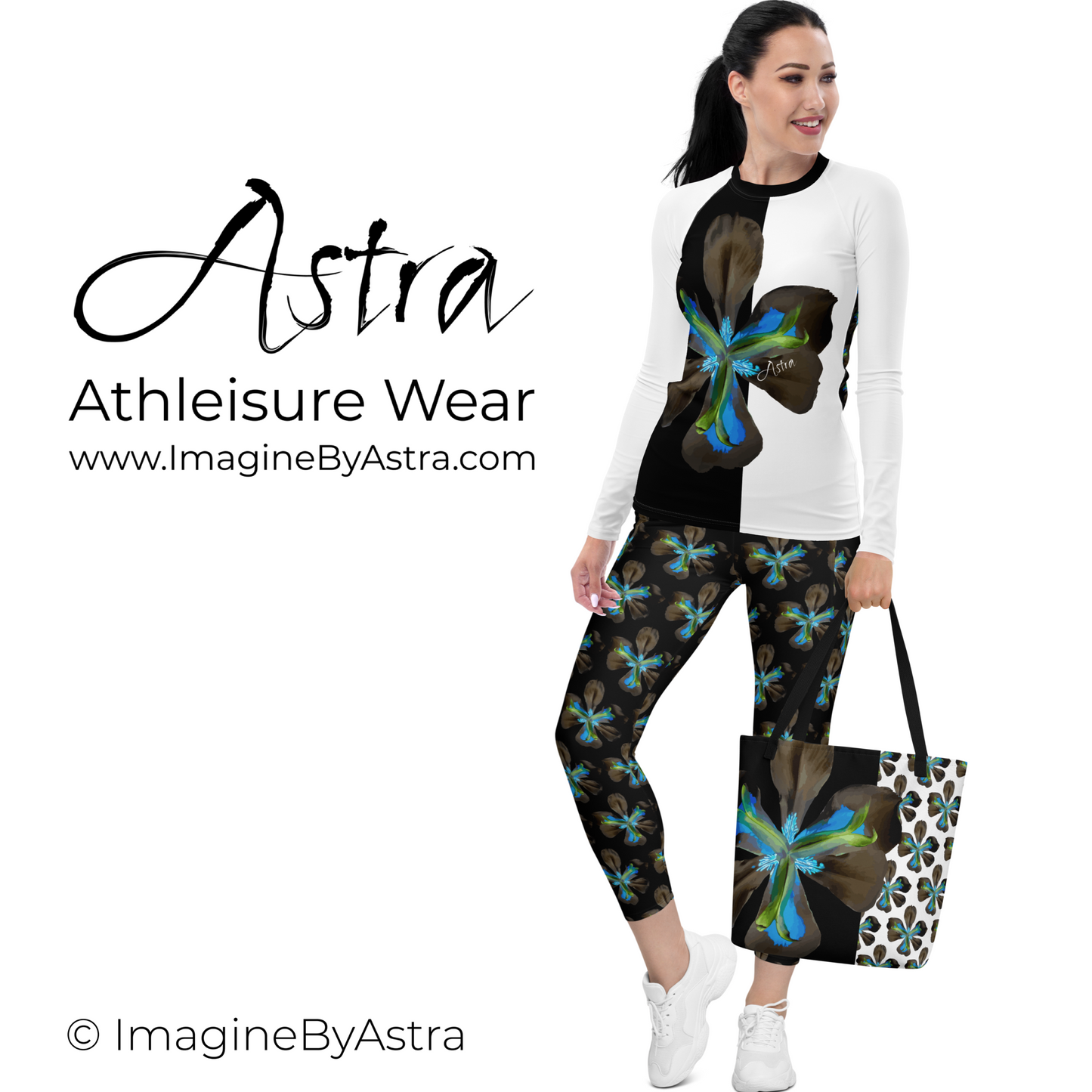 Tropical Iris Eco-Friendly Leggings with Pockets - Black with Blue Waist