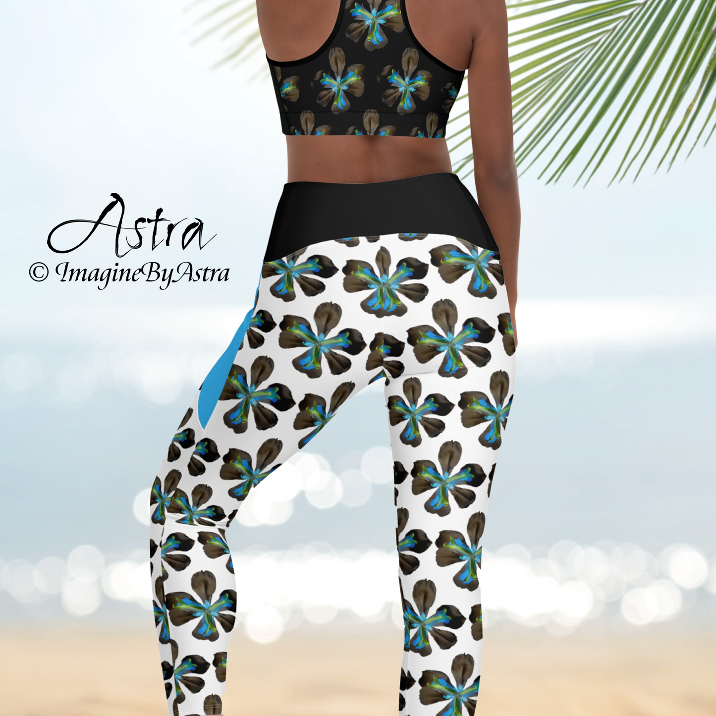 Tropical Iris Eco-Friendly Leggings with Pockets - White