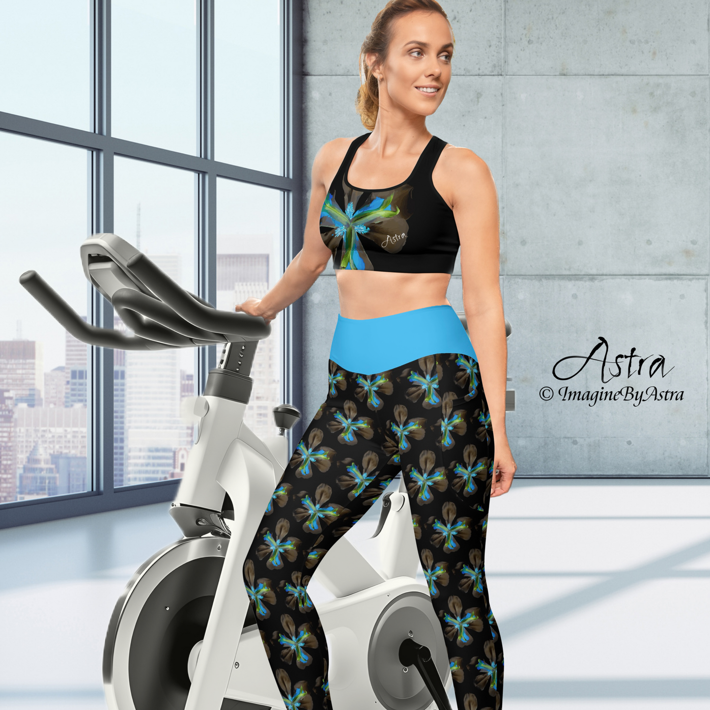 Tropical Iris Eco-Friendly Leggings with Pockets - Black with Blue Waist