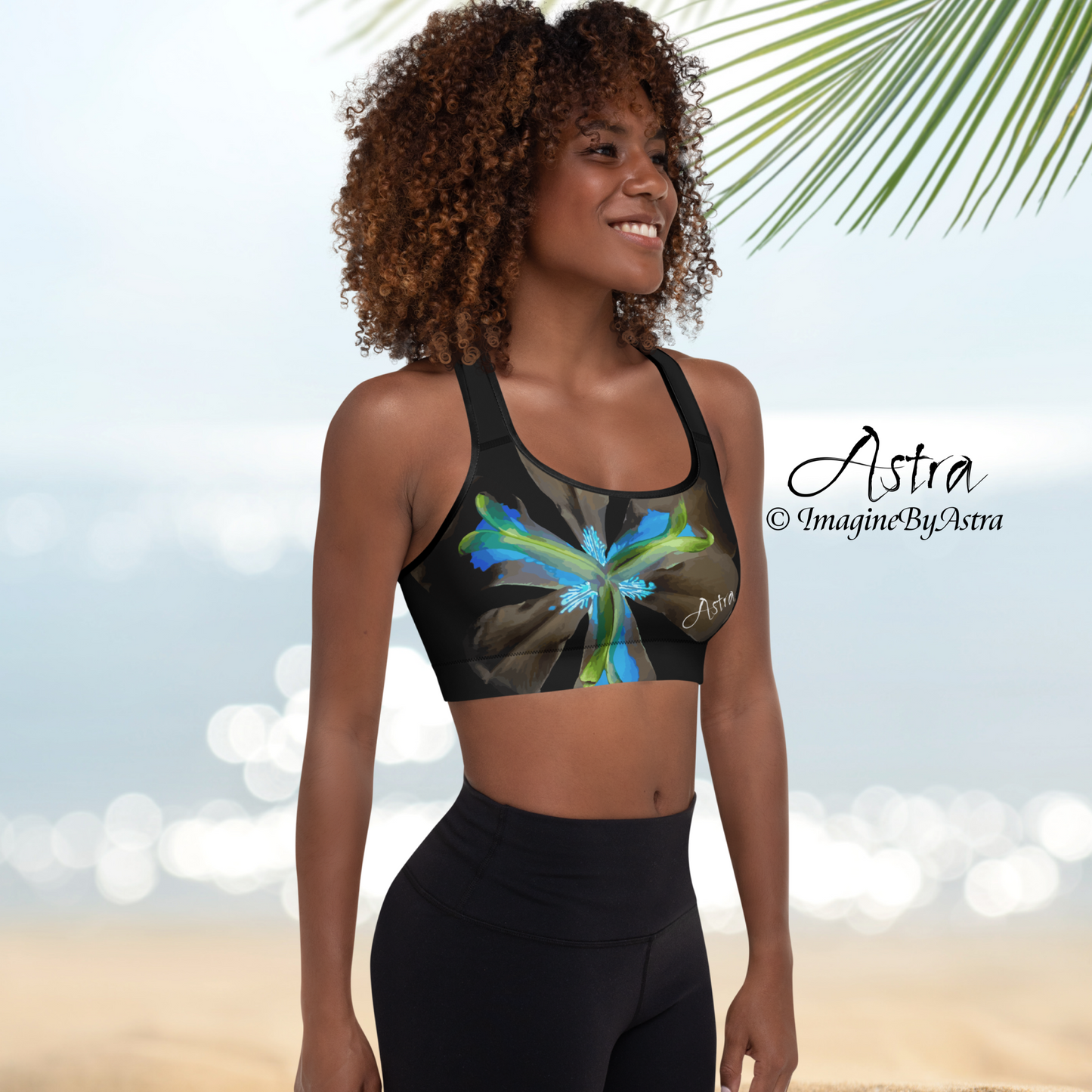 Tropical Iris Padded Sports Bra - Black