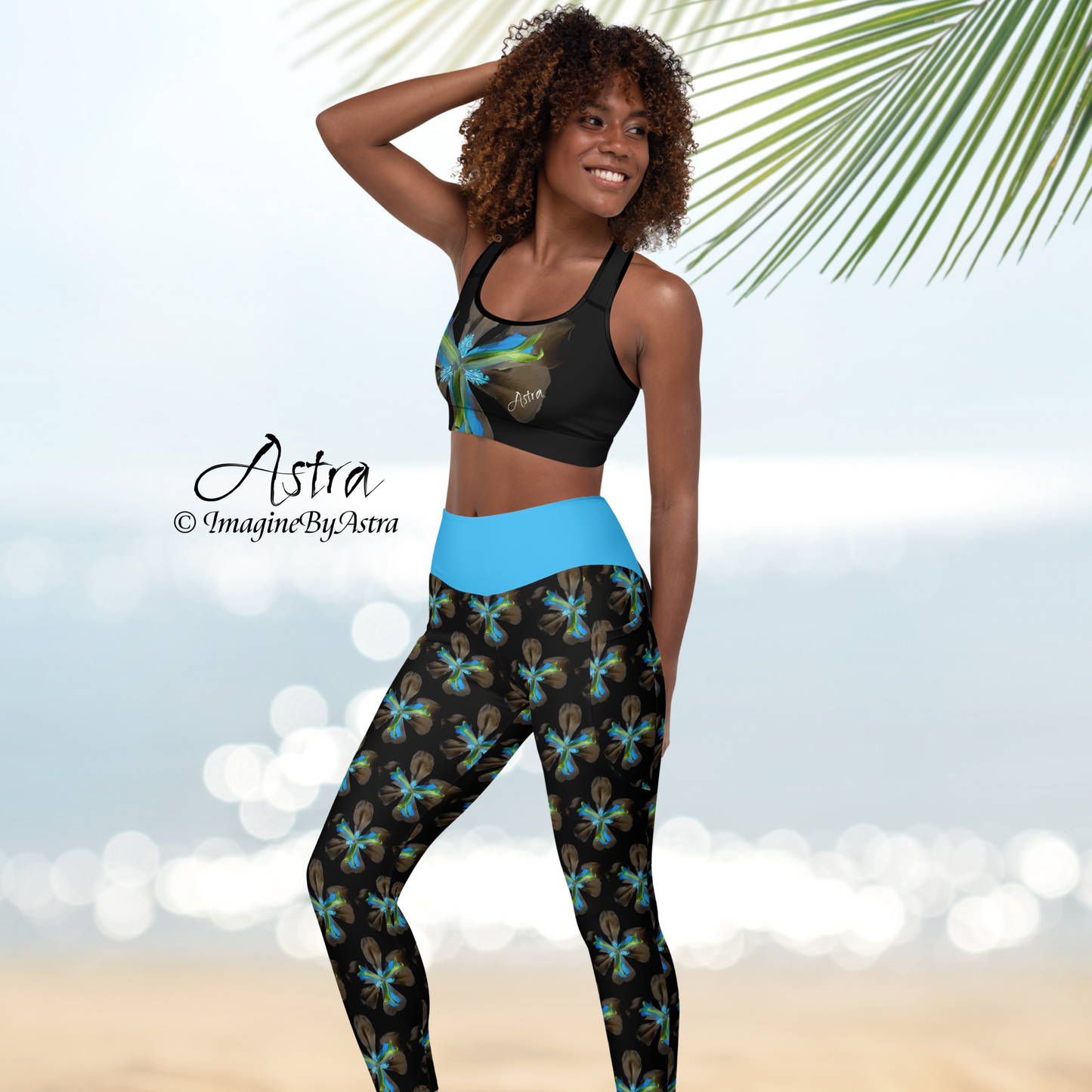 Tropical Iris Eco-Friendly Leggings with Pockets - Black with Blue Waist
