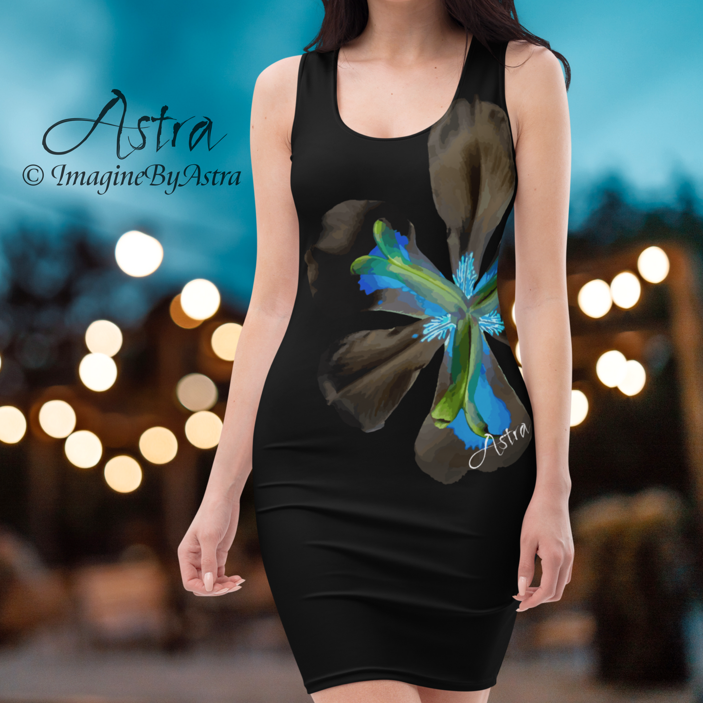 Tropical Iris Cocktail Dress - Black