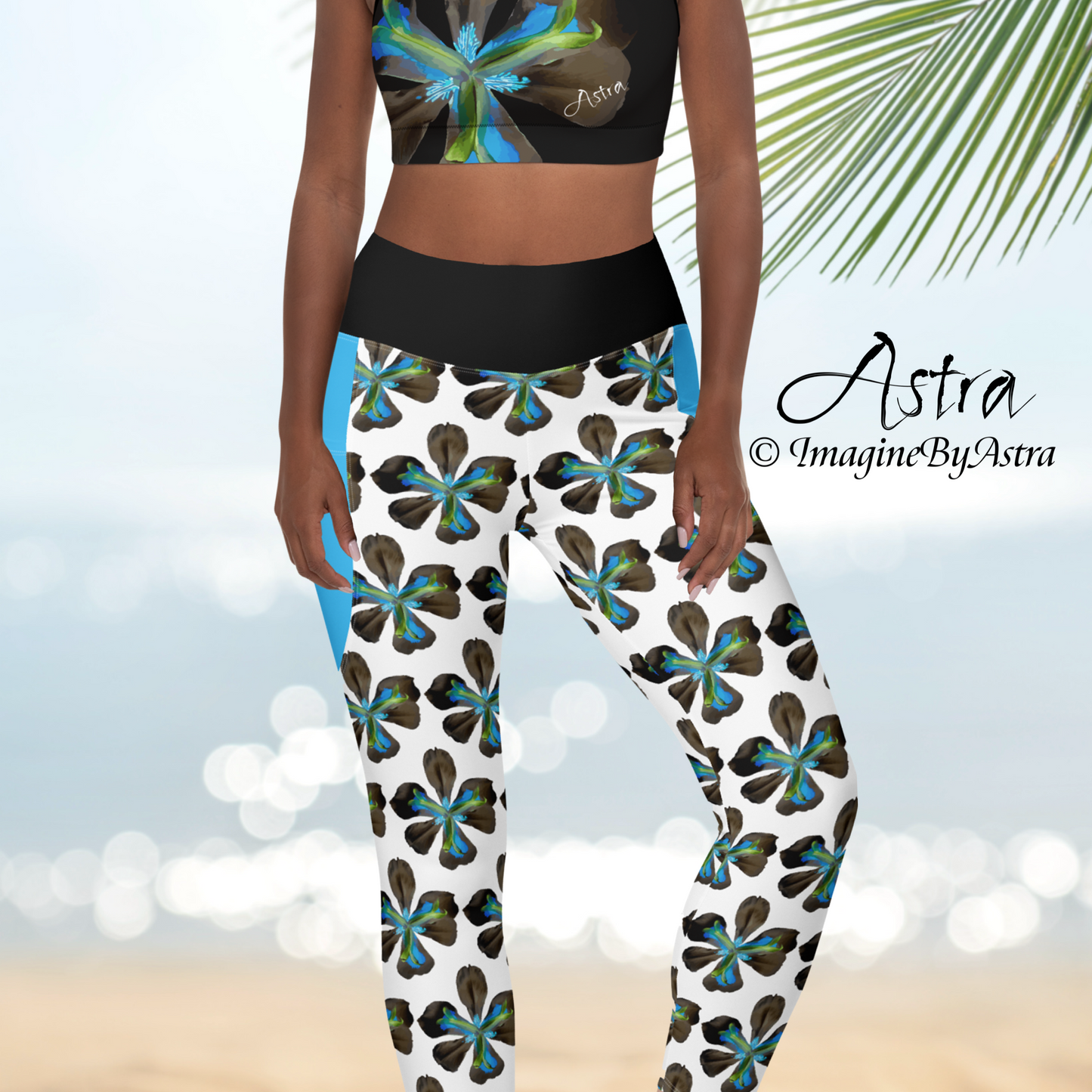 Tropical Iris Eco-Friendly Leggings with Pockets - White
