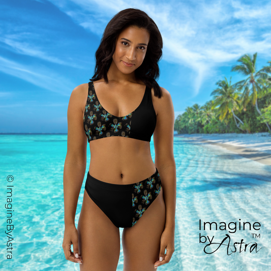 Eco-Friendly Tropical Iris High-Waisted Bikini - Black