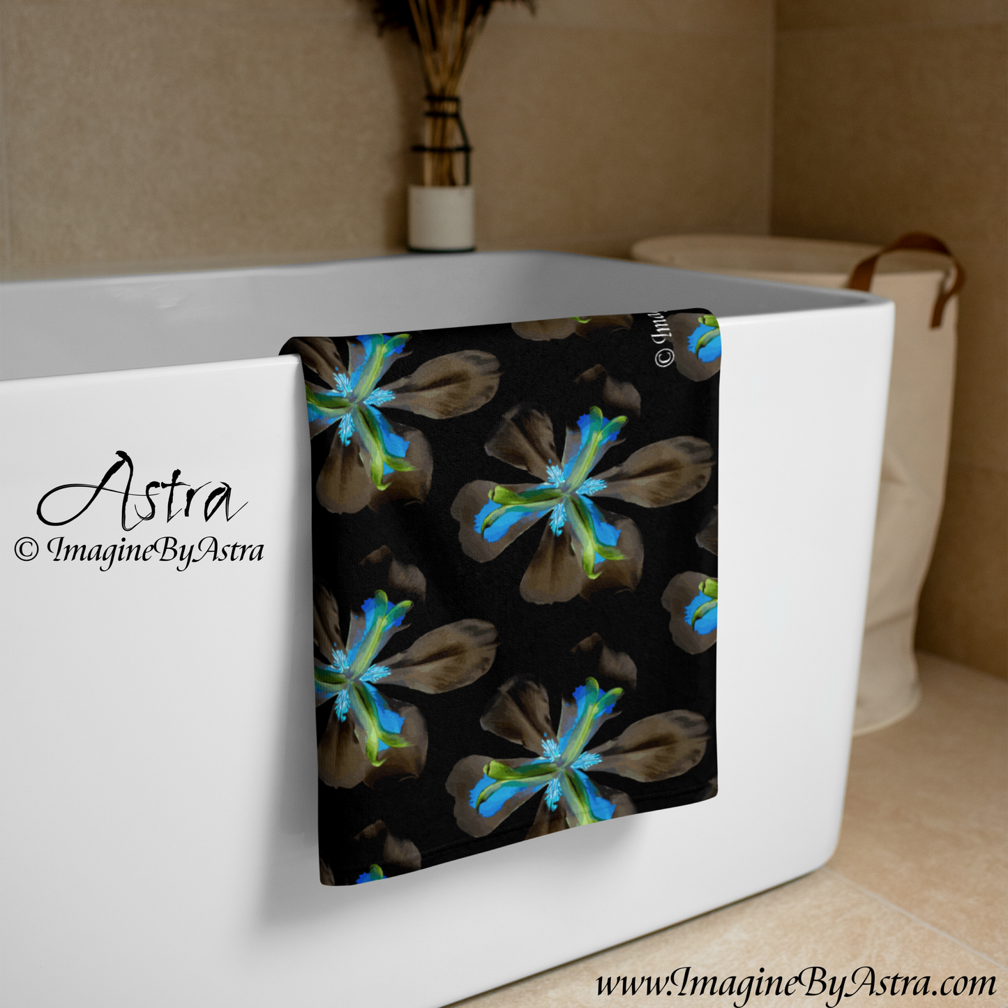 Tropical Iris Plush Beach Towel | Black