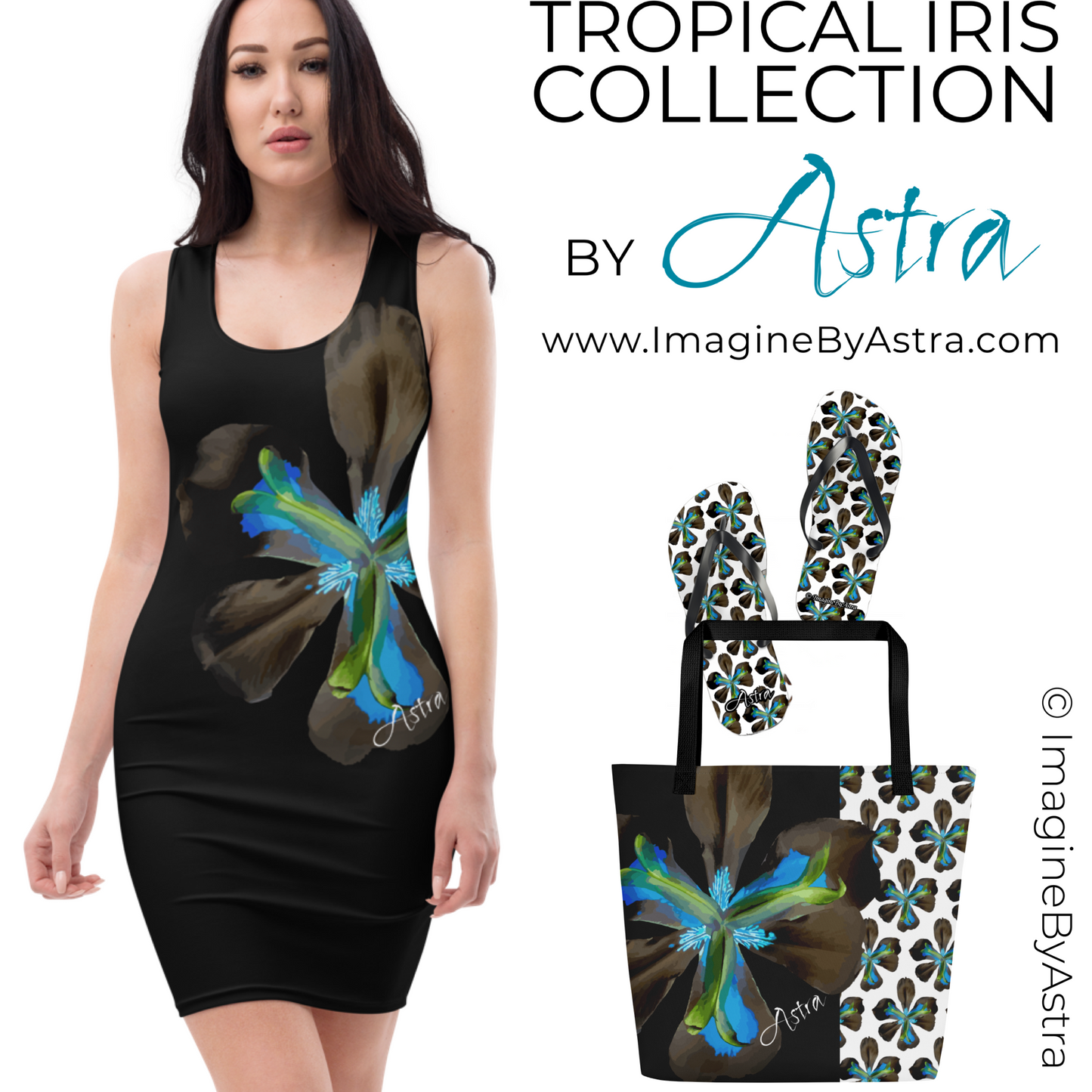 Tropical Iris Cocktail Dress - Black