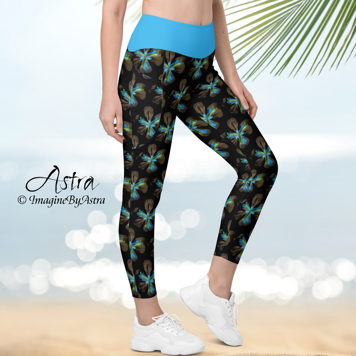 Tropical Iris Eco-Friendly Leggings with Pockets - Black with Blue Waist