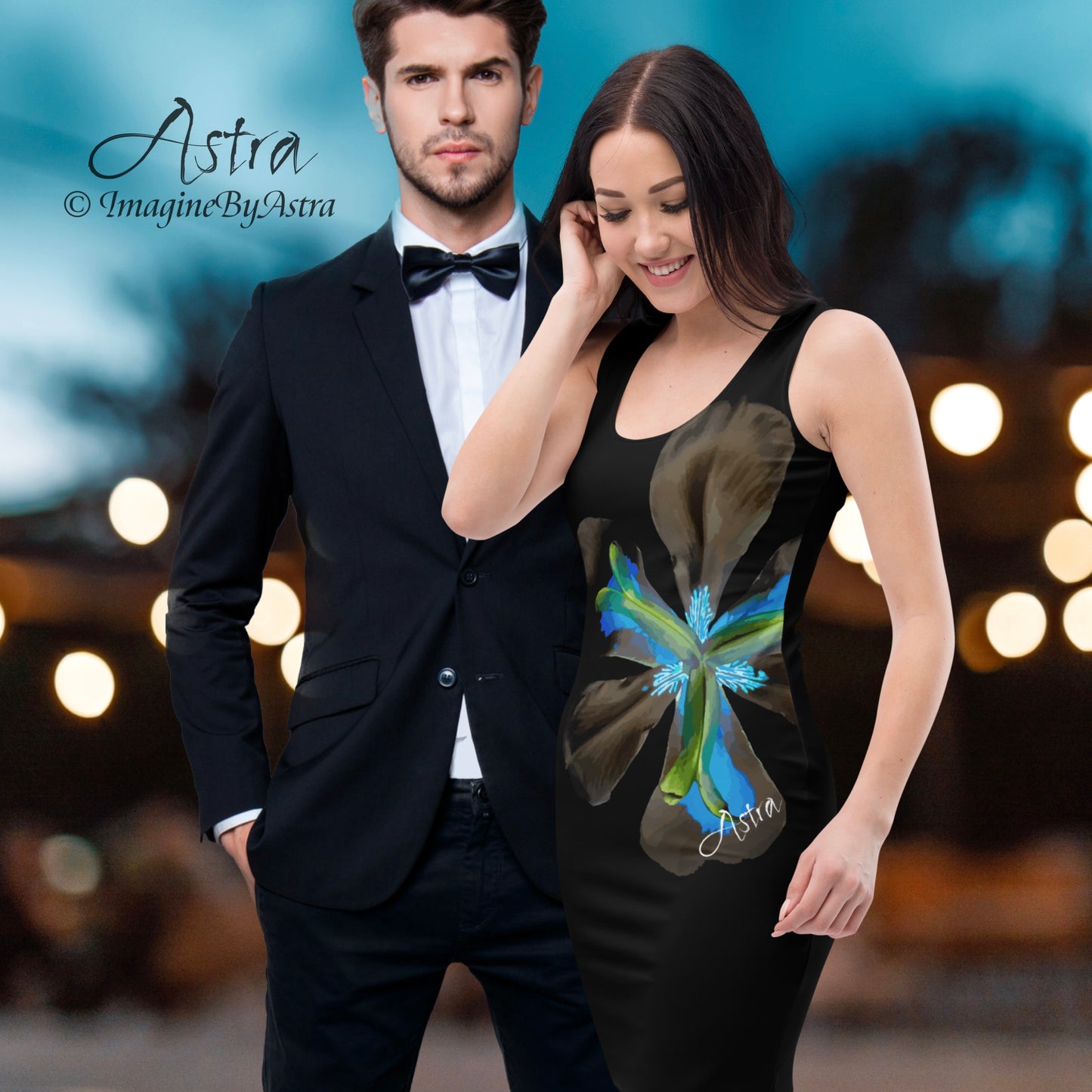 Tropical Iris Cocktail Dress - Black