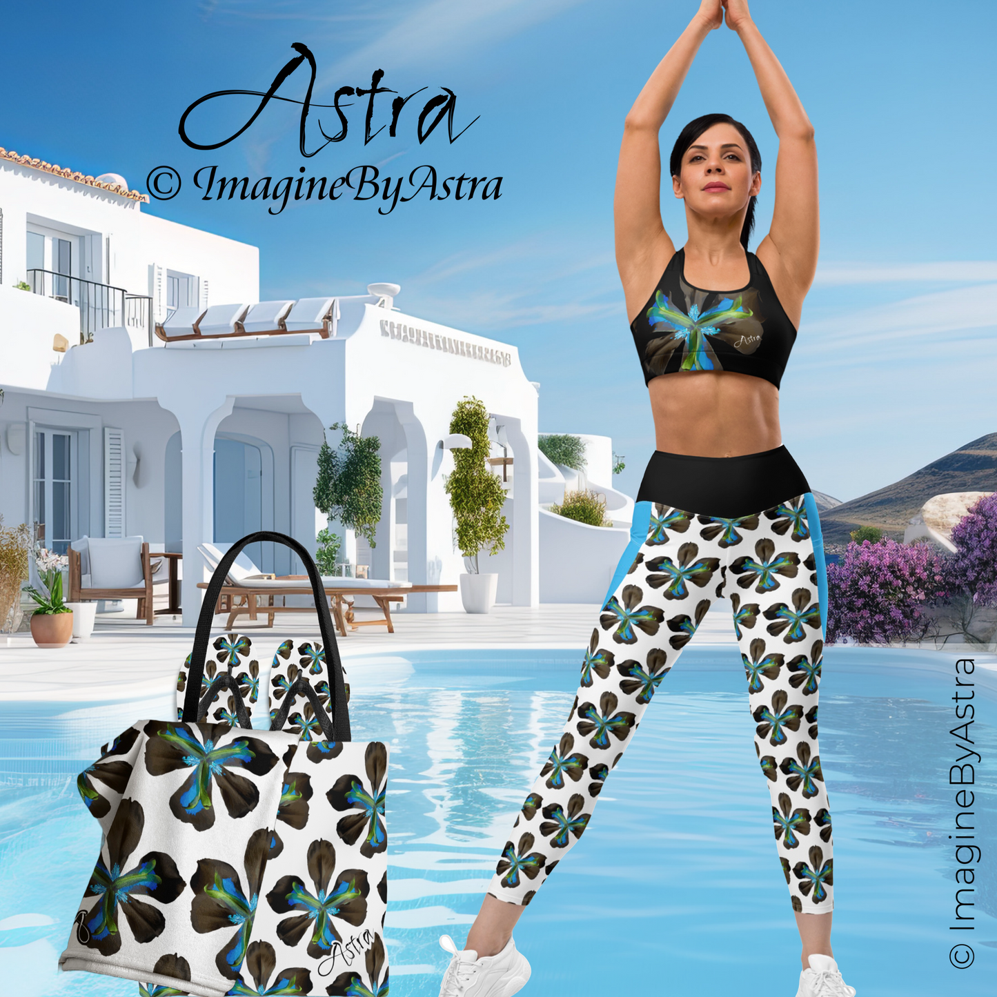 Tropical Iris Eco-Friendly Leggings with Pockets - White