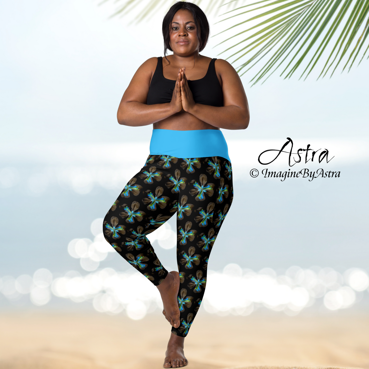 Tropical Iris Eco-Friendly Leggings with Pockets - Black with Blue Waist