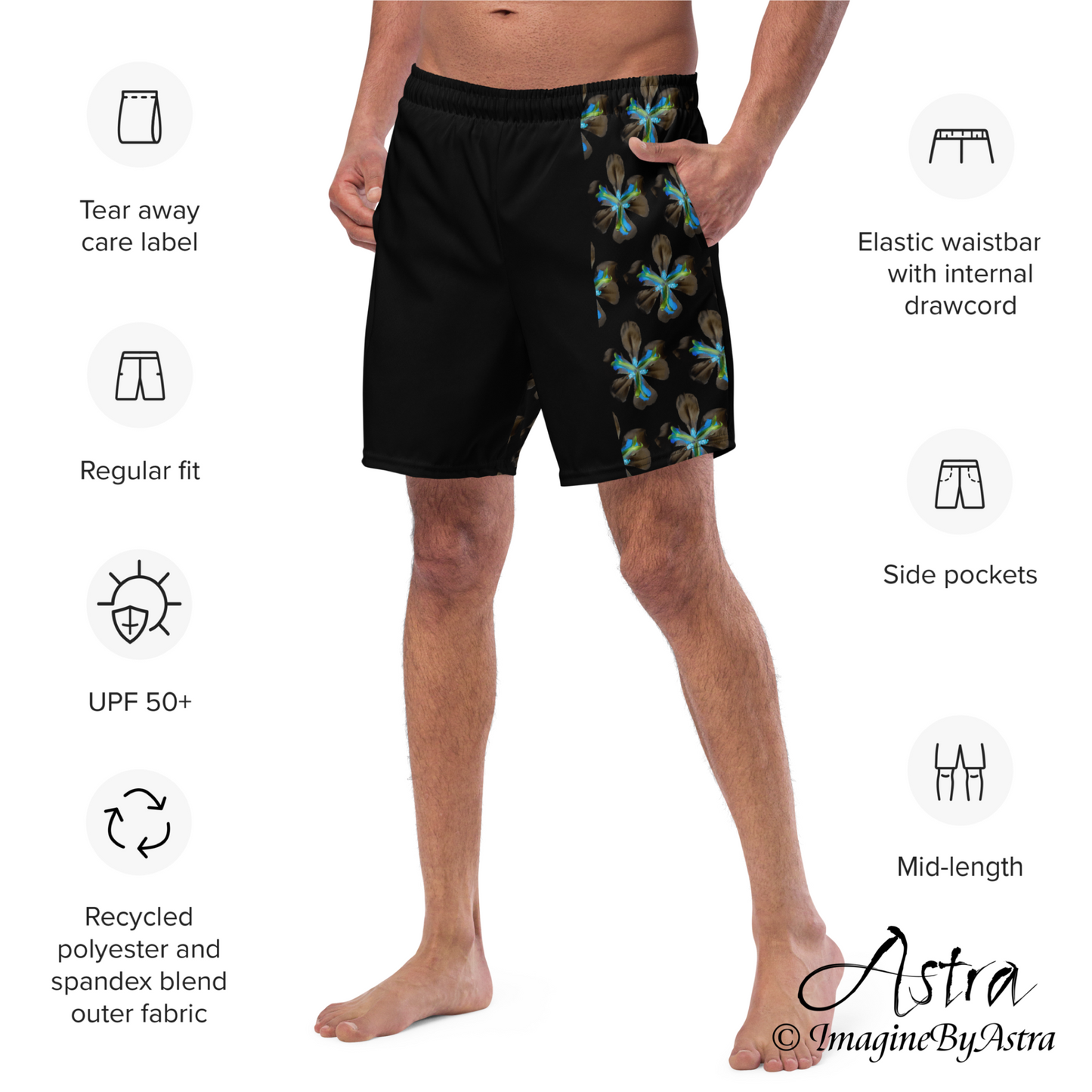 Tropical Iris Men's Eco-Friendly Swim Trunks - Black