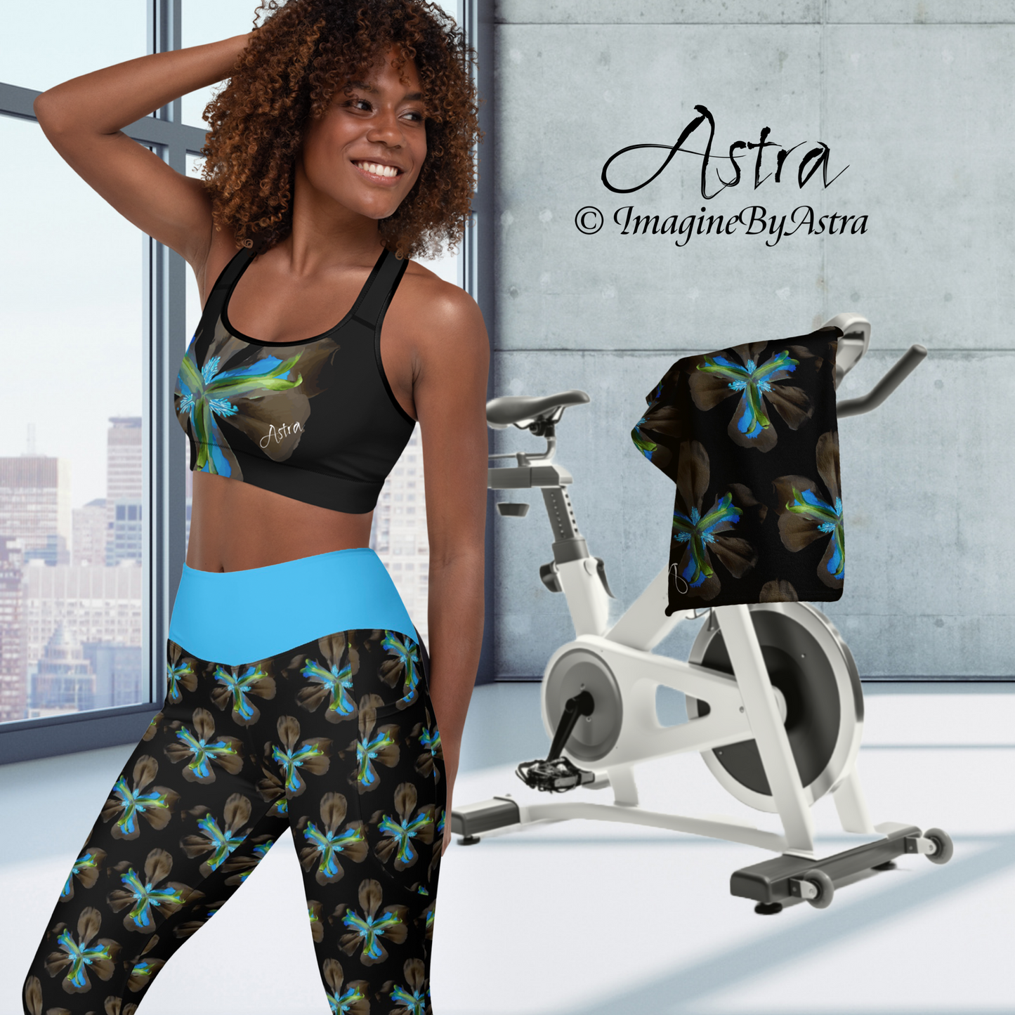 Tropical Iris Eco-Friendly Leggings with Pockets - Black with Blue Waist