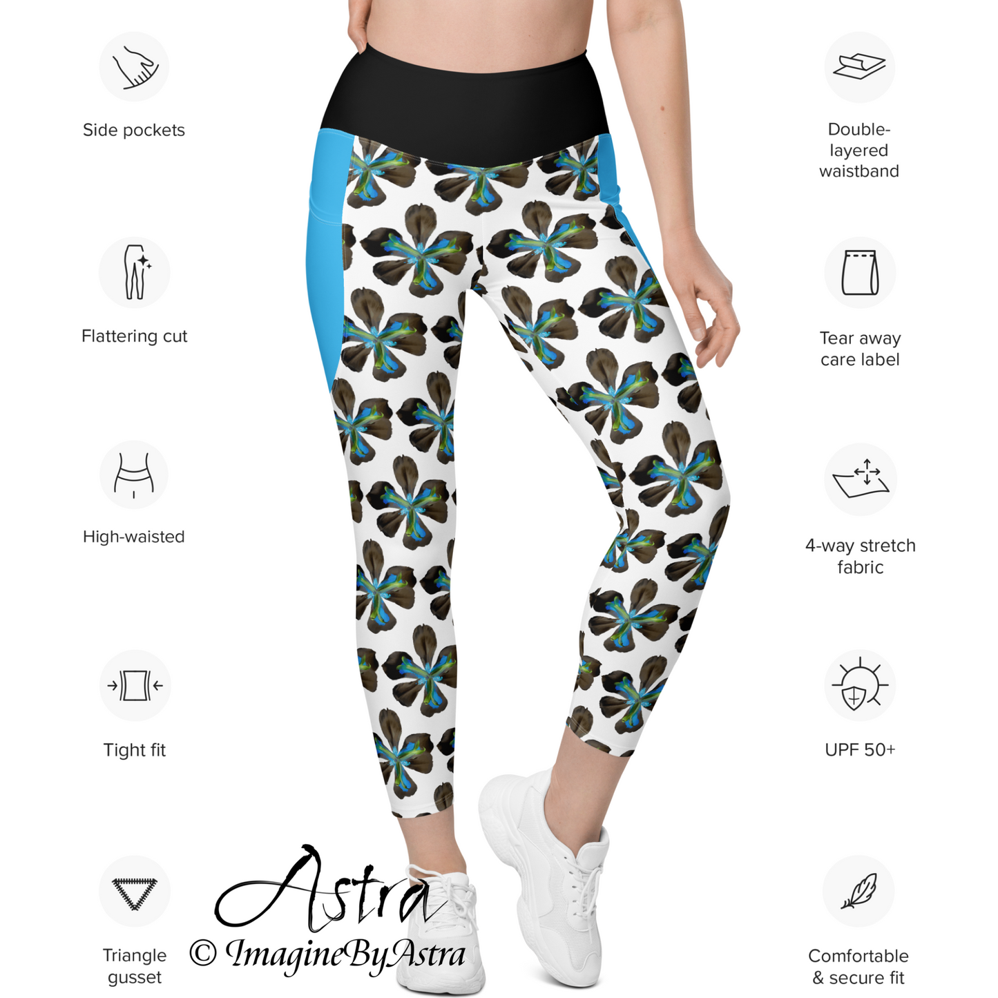 Tropical Iris Eco-Friendly Leggings with Pockets - White