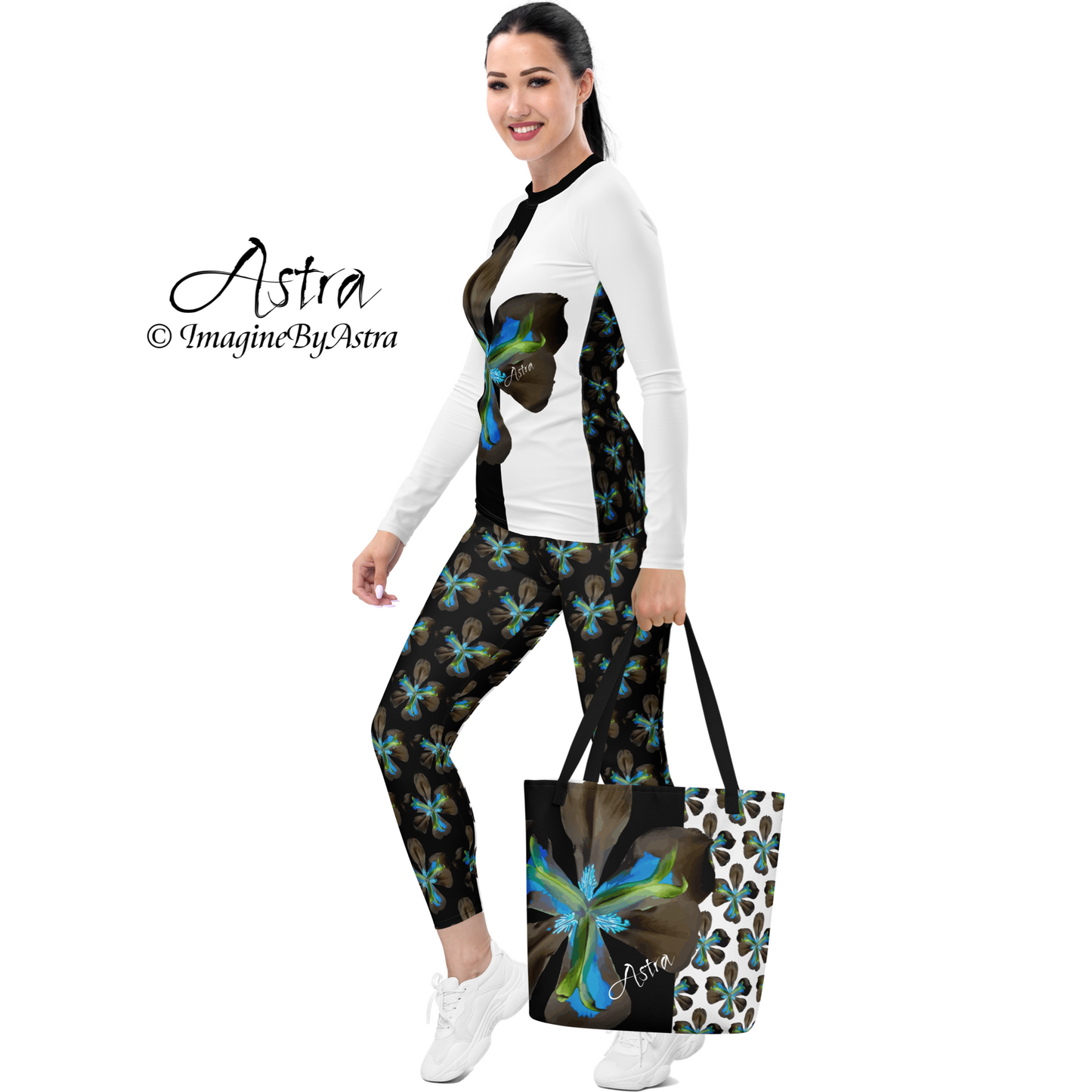 Tropical Iris Eco-Friendly Leggings with Pockets - Black with Blue Waist