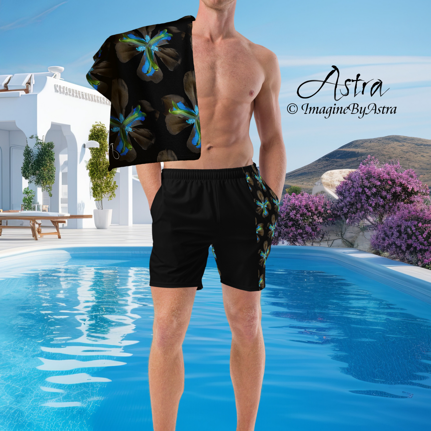 Tropical Iris Men's Eco-Friendly Swim Trunks - Black