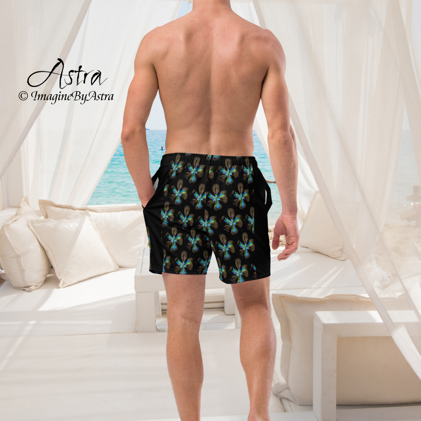 Tropical Iris Men's Eco-Friendly Swim Trunks - Black