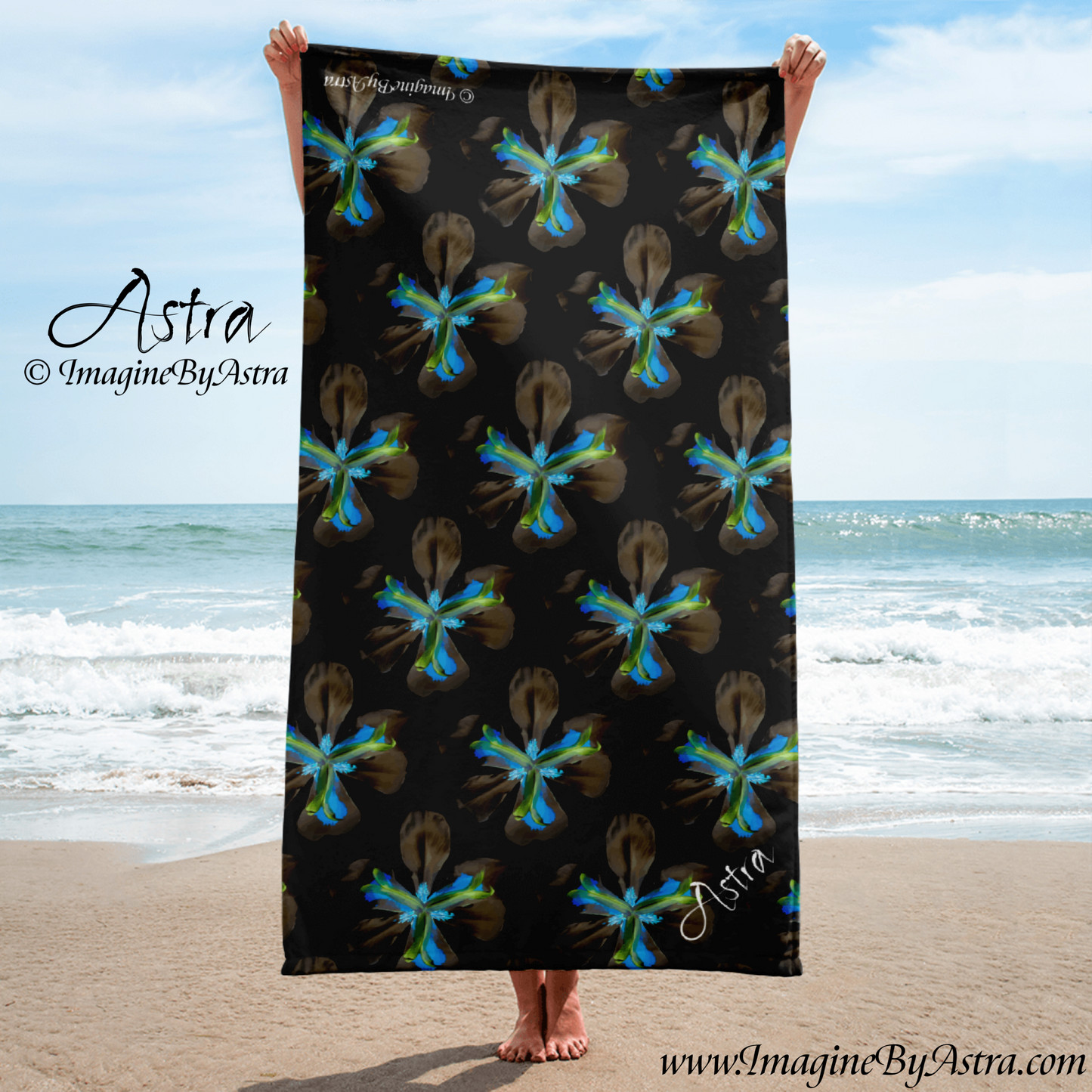 Tropical Iris Plush Beach Towel | Black
