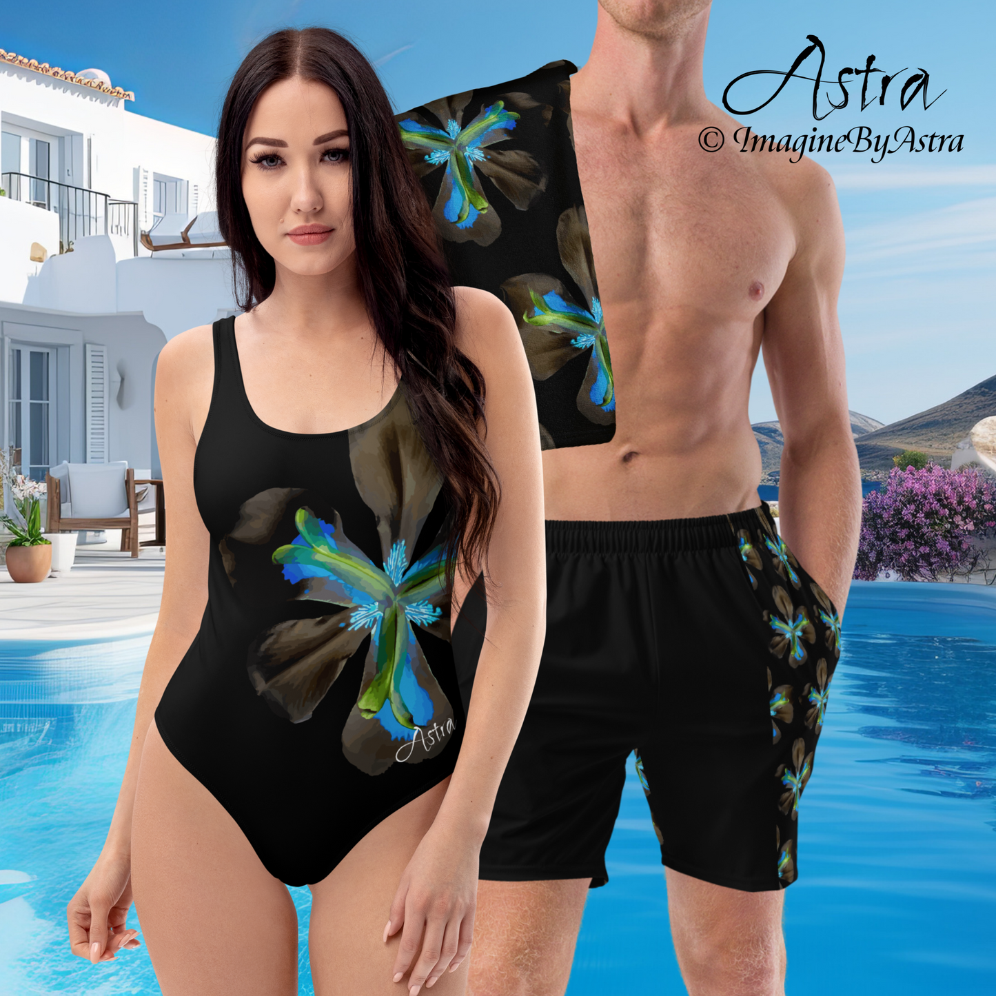 Tropical Iris Men's Eco-Friendly Swim Trunks - Black