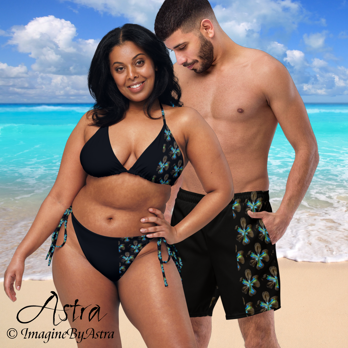 Eco Friendly Matching Couple’s Swimsuits - Swim Trunks + Bikini - Black