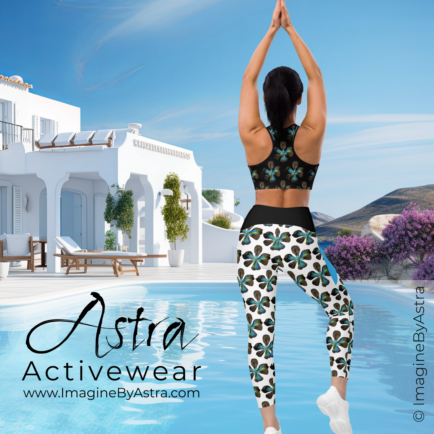 Tropical Iris Eco-Friendly Leggings with Pockets - White