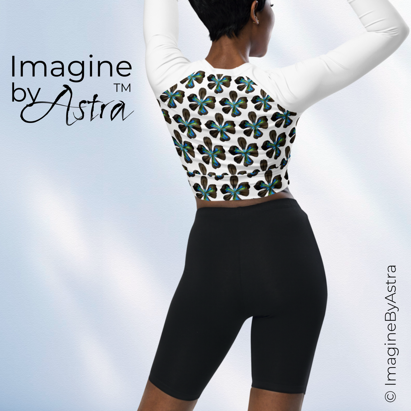 Tropical Iris Eco-Friendly Long Sleeve Crop Top - White Back