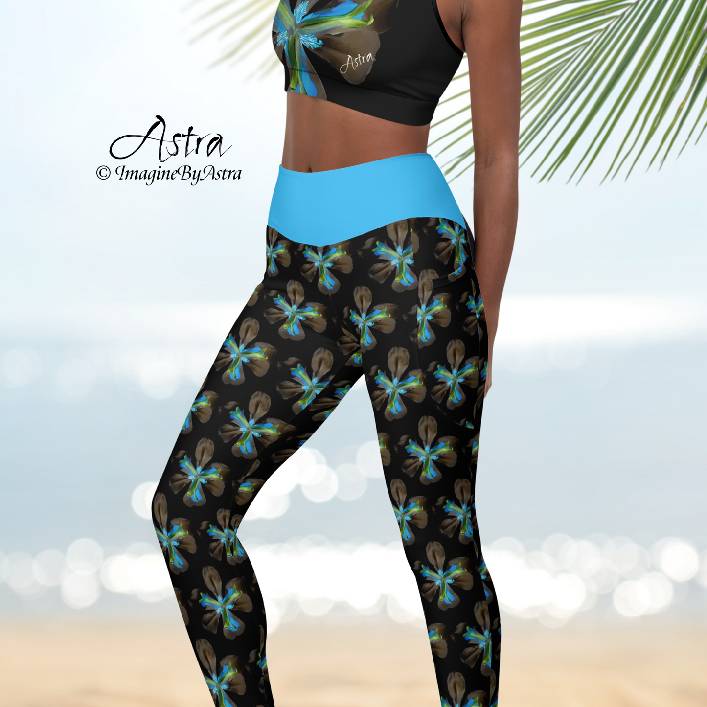 Tropical Iris Eco-Friendly Leggings with Pockets - Black with Blue Waist