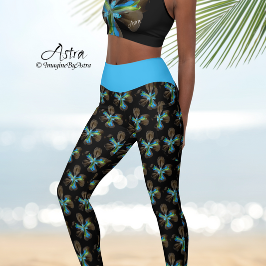 Tropical Iris Eco-Friendly Leggings with Pockets - Black with Blue Waist