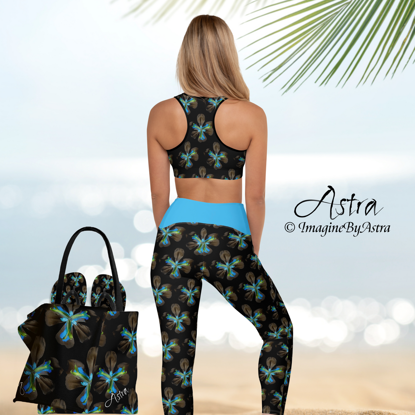 Tropical Iris Eco-Friendly Leggings with Pockets - Black with Blue Waist