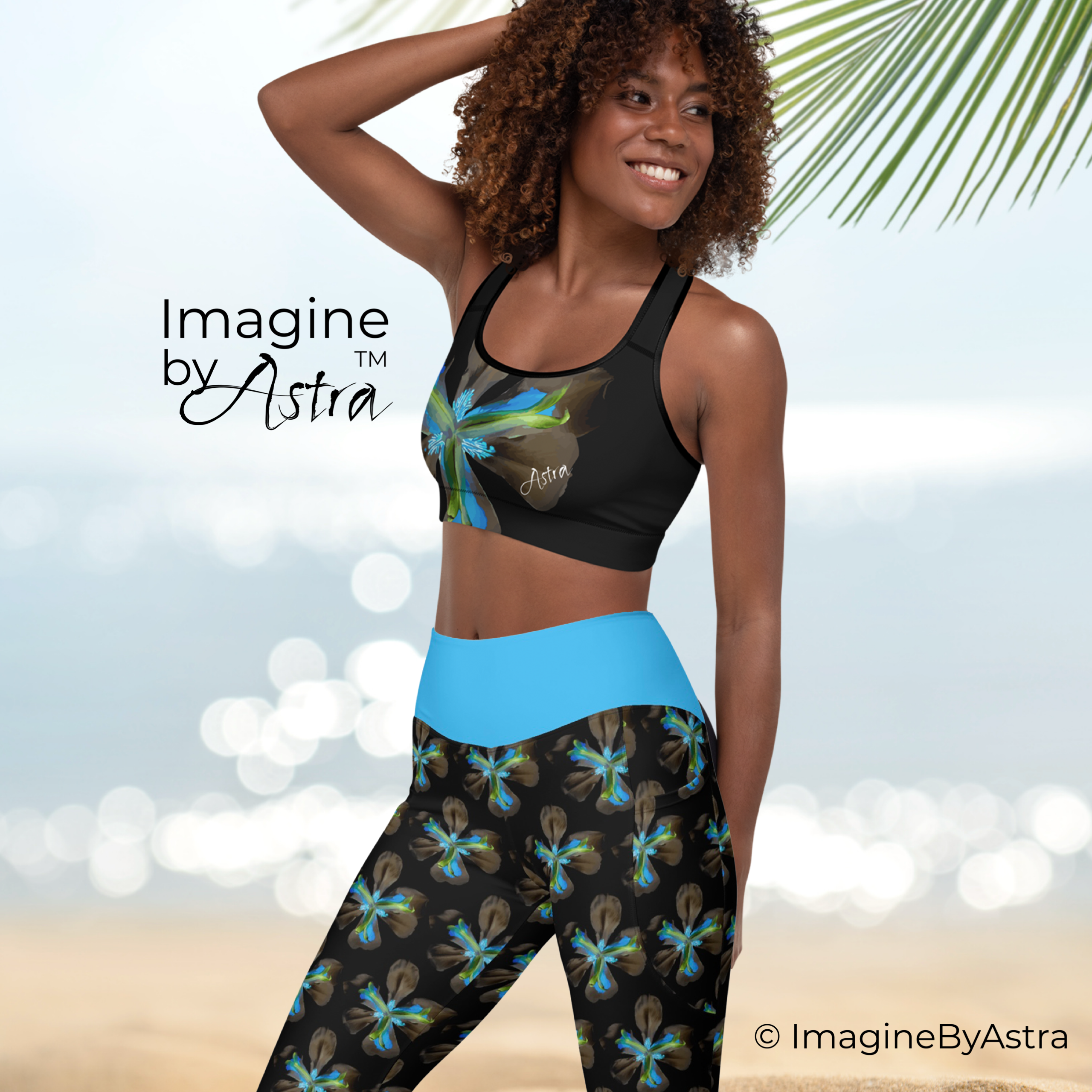 Tropical Iris High Waisted Yoga Set with Pockets - Black with Blue Tropical Iris High Waisted Yoga Set with Pockets - Black with Blue