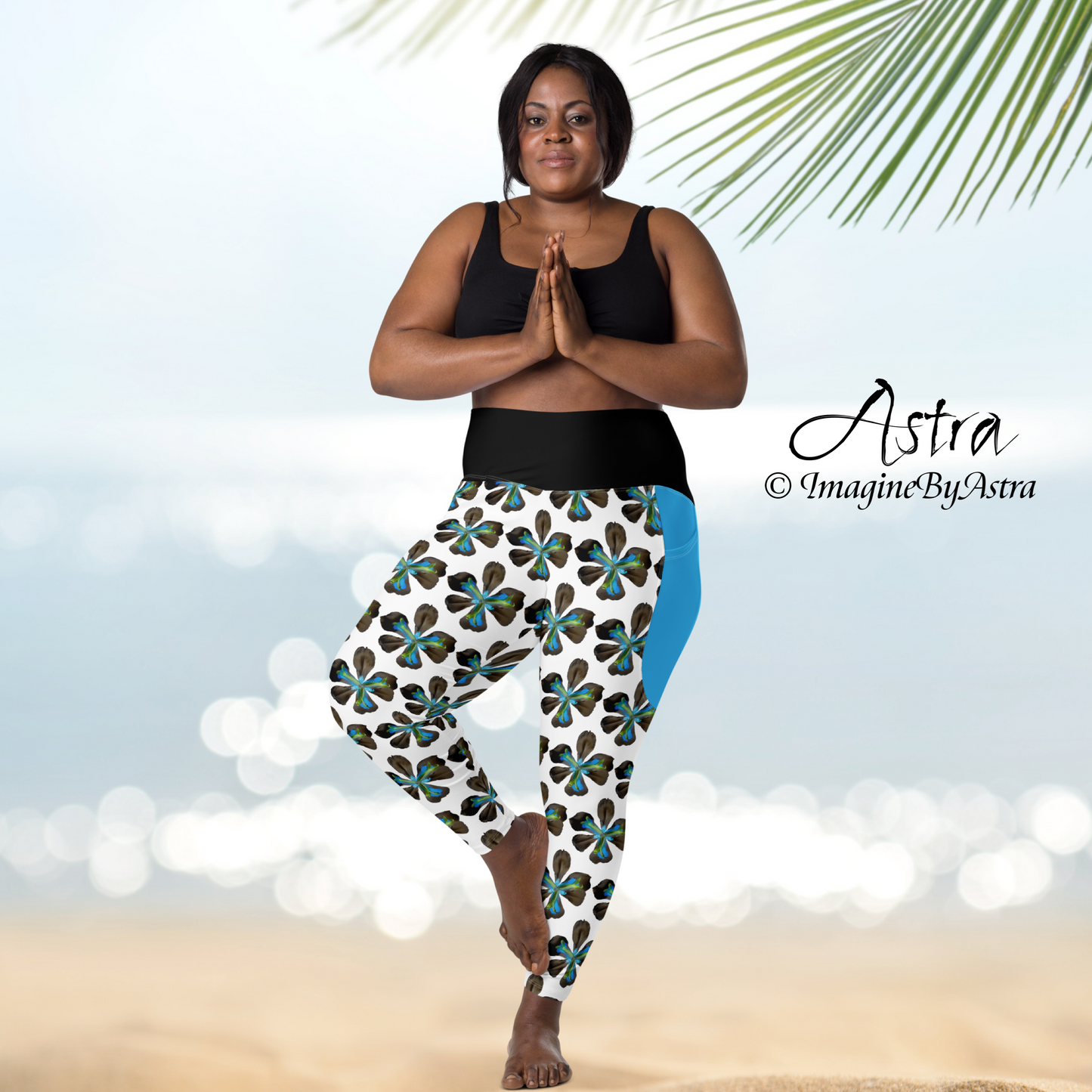 Tropical Iris Eco-Friendly Leggings with Pockets - White