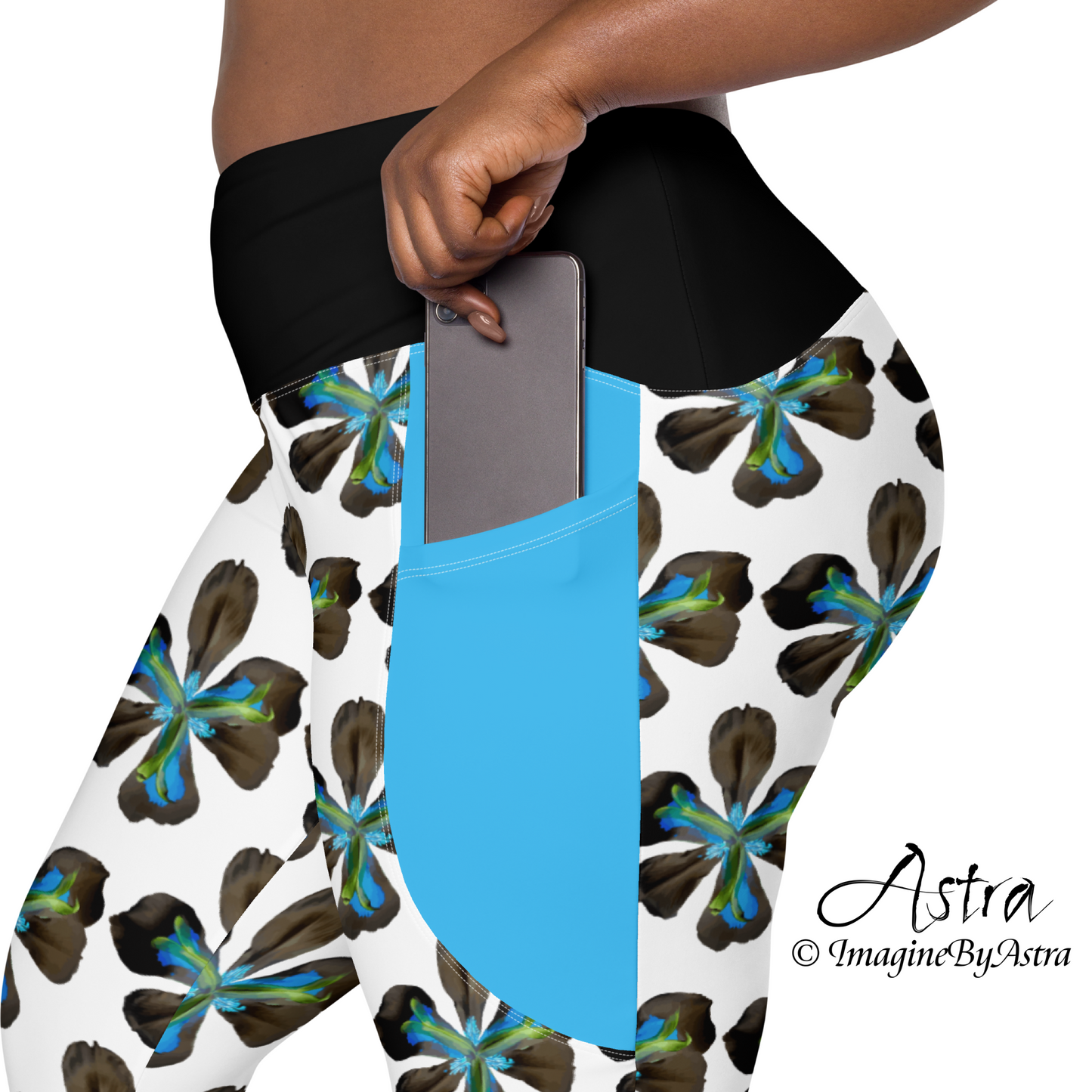 Tropical Iris Eco-Friendly Leggings with Pockets - White