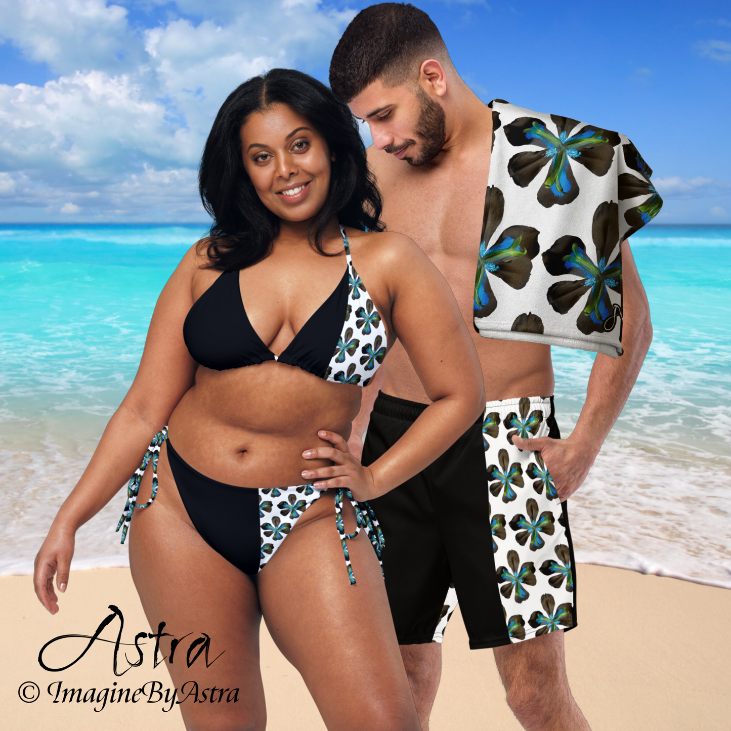 Eco Friendly Matching Couple’s Swimsuits - Swim Trunks + Bikini - White