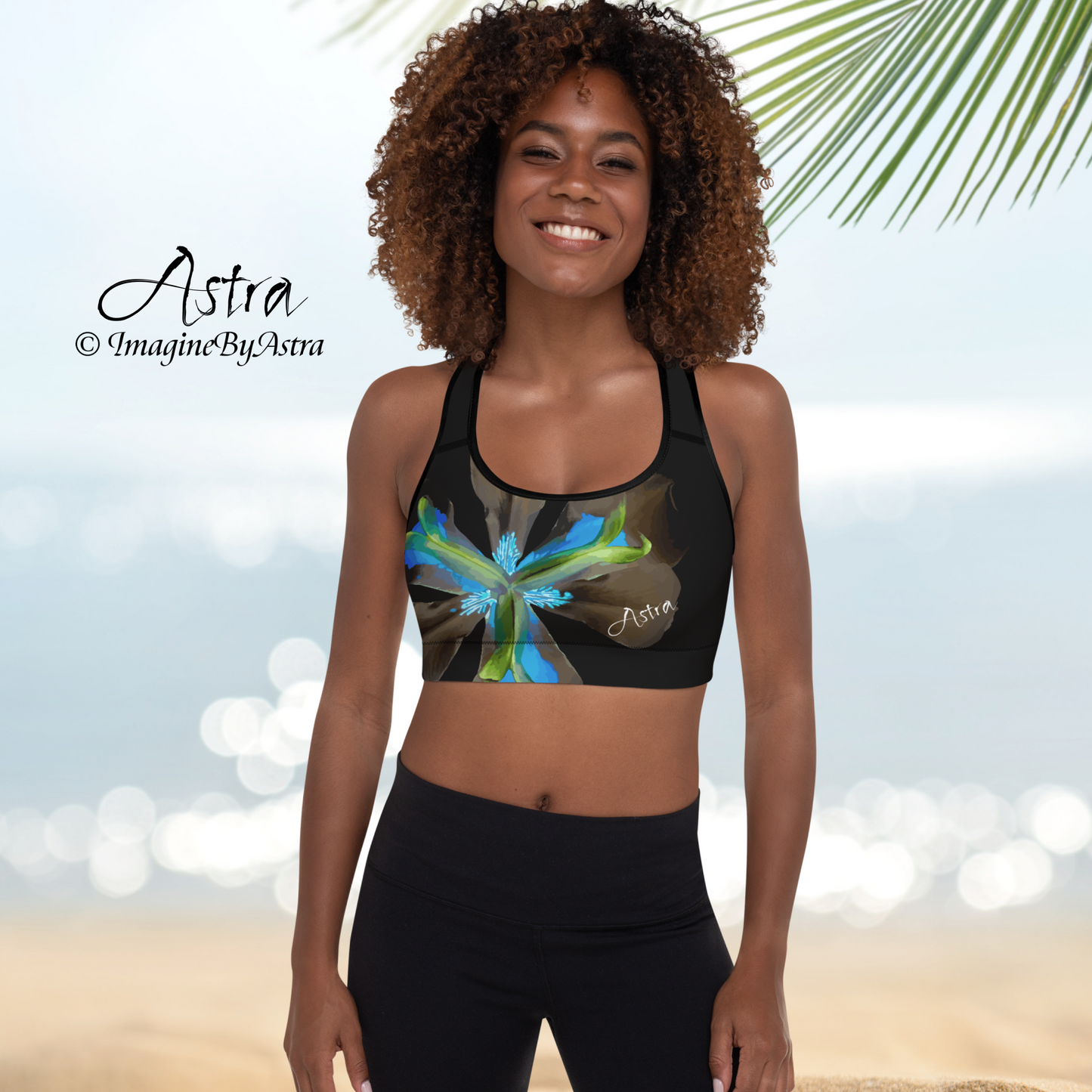 Tropical Iris Padded Sports Bra - Black