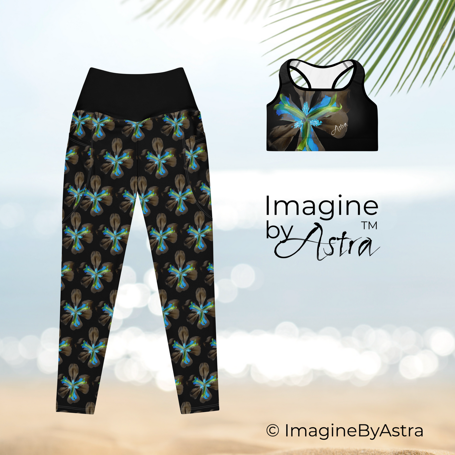 Tropical Iris High Waisted Yoga Set with Pockets - Black