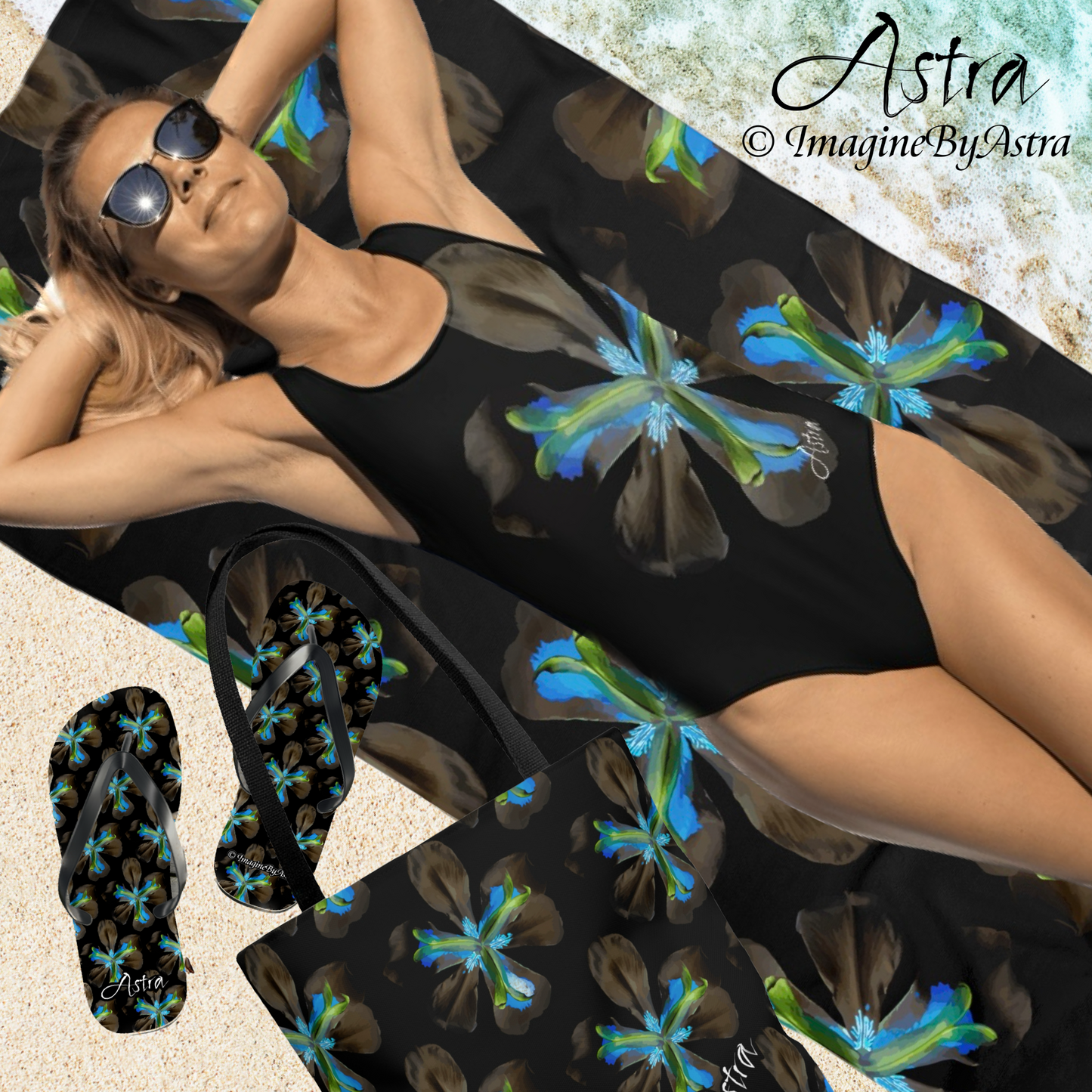 Tropical Iris Flip-Flops - Black