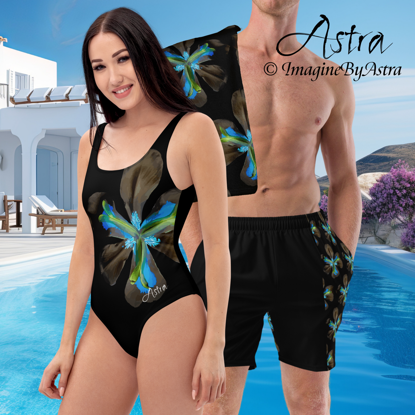 Matching Couple’s Swimsuits - Swim Trunks + One-Piece Swimsuit - Black