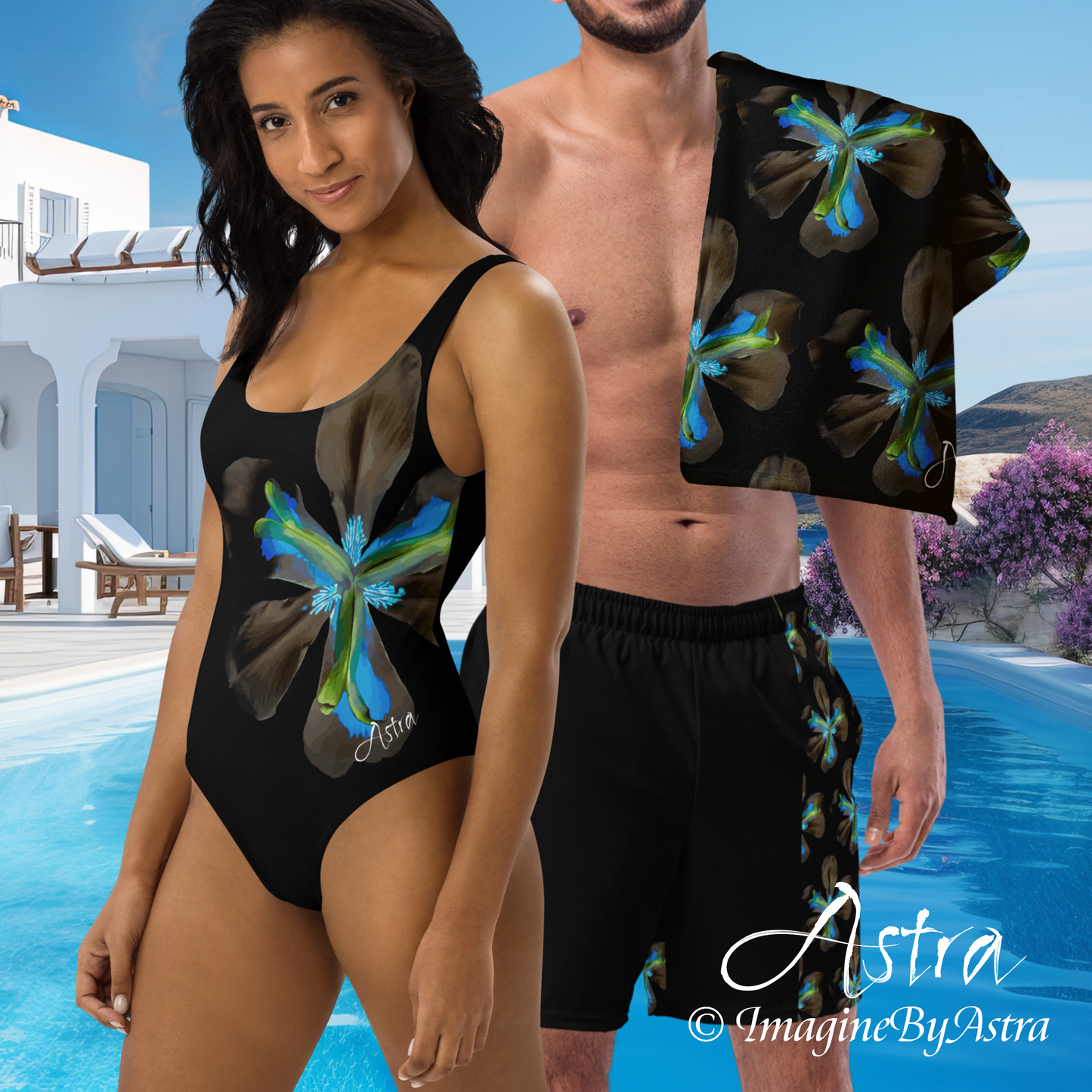 Matching Couple’s Swimsuits - Swim Trunks + One-Piece Swimsuit - Black