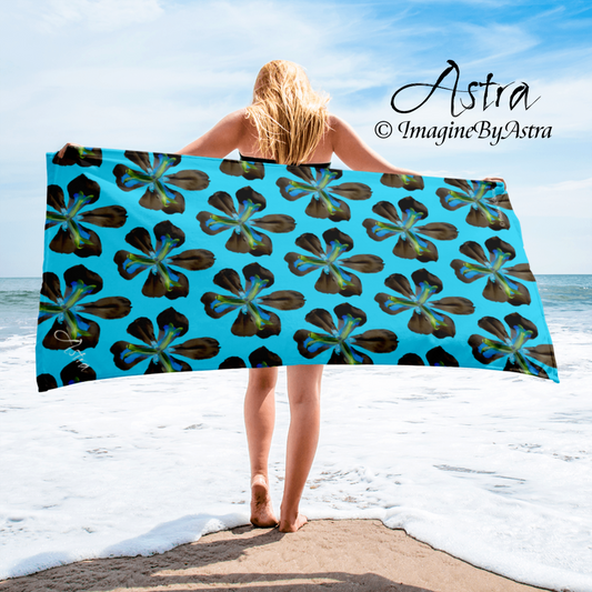 Tropical Iris Plush Beach Towel | Blue