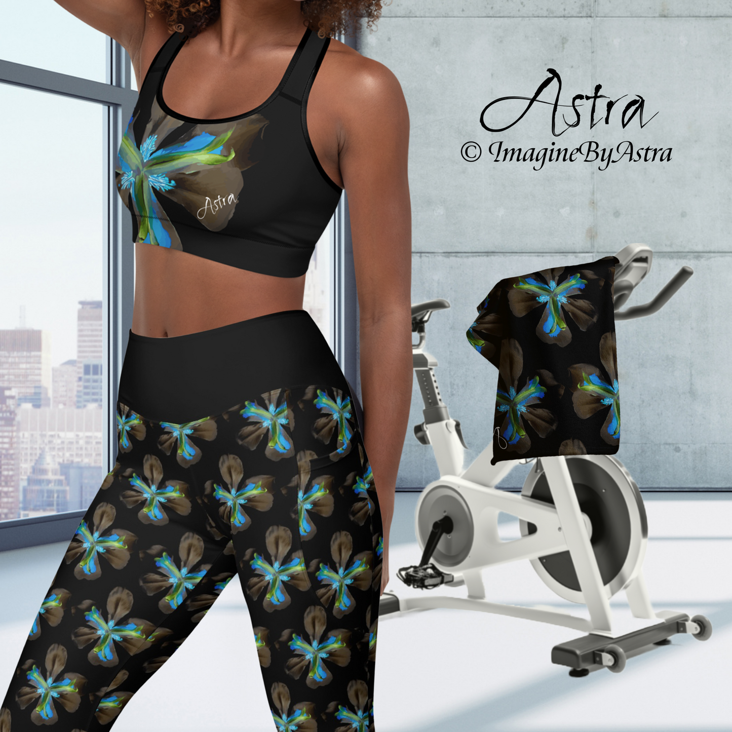 Tropical Iris High Waisted Yoga Set with Pockets - Black