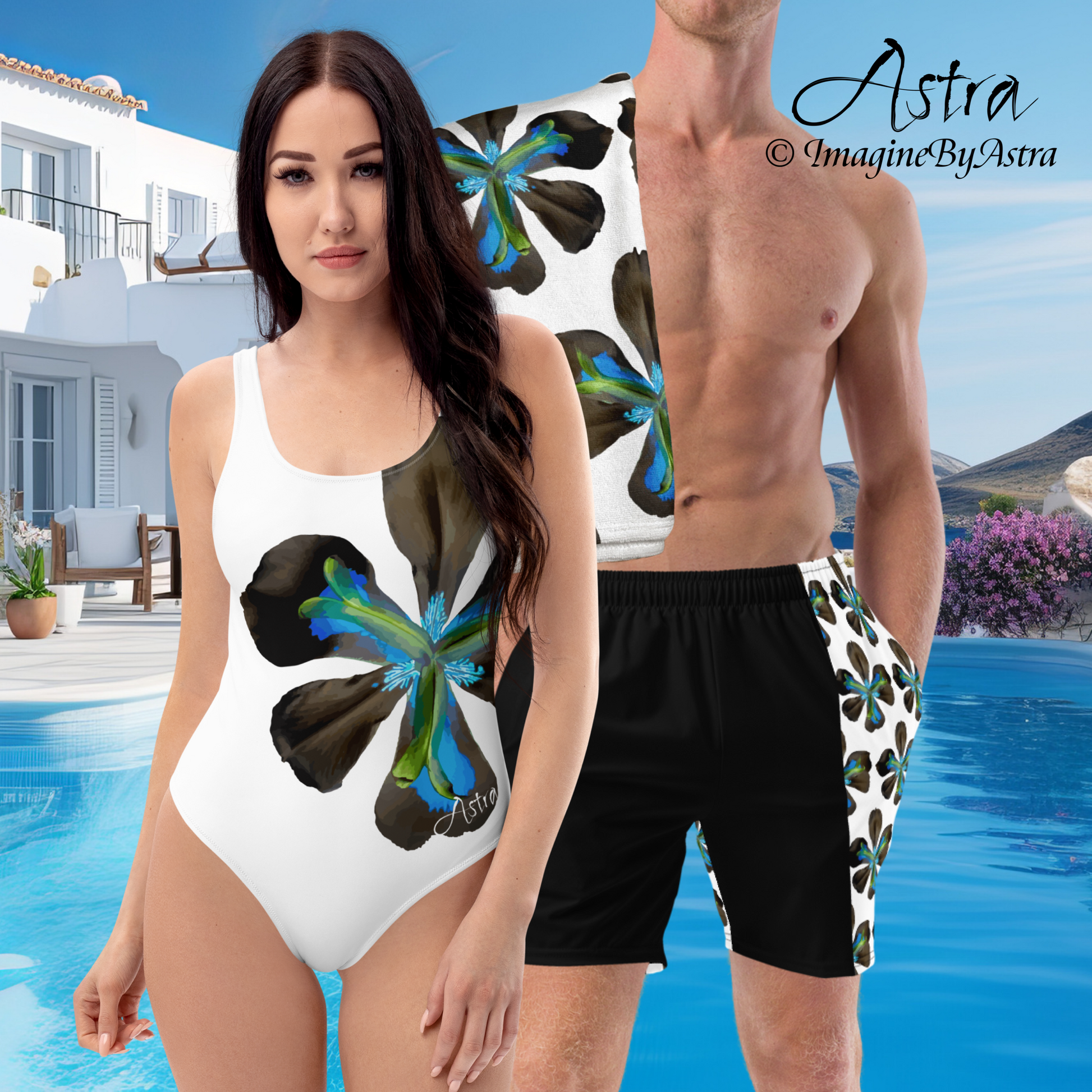 Matching couples swimsuits with blue tropical flower print. A woman wears a women’s white one-piece swimsuit next to a man wearing matching men’s swim trunks, with a resort pool in the background. Part of the Tropical Iris swimwear collection from Imagine by Astra